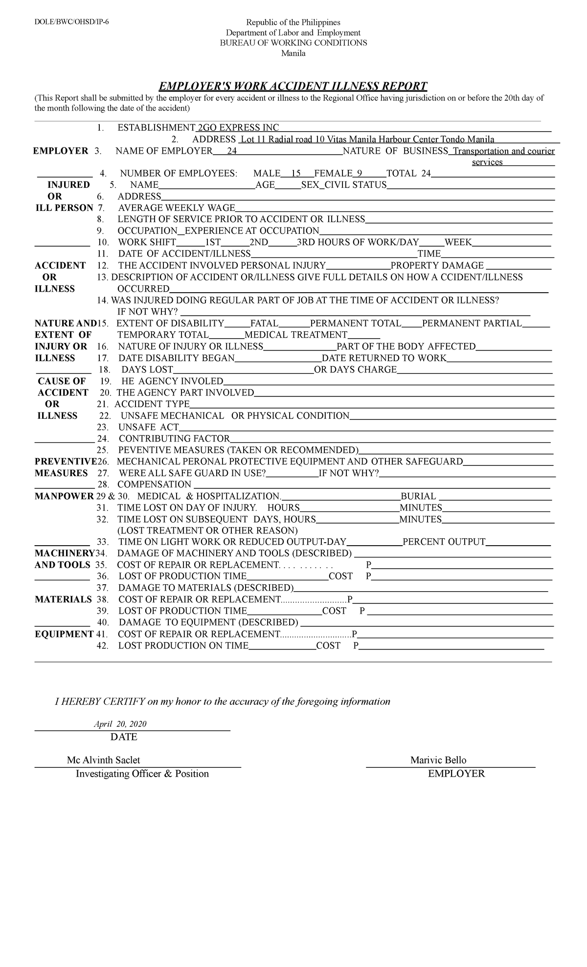 WAIR Format DOLE/BWC/OHSD/IP6 Republic of the Philippines Department