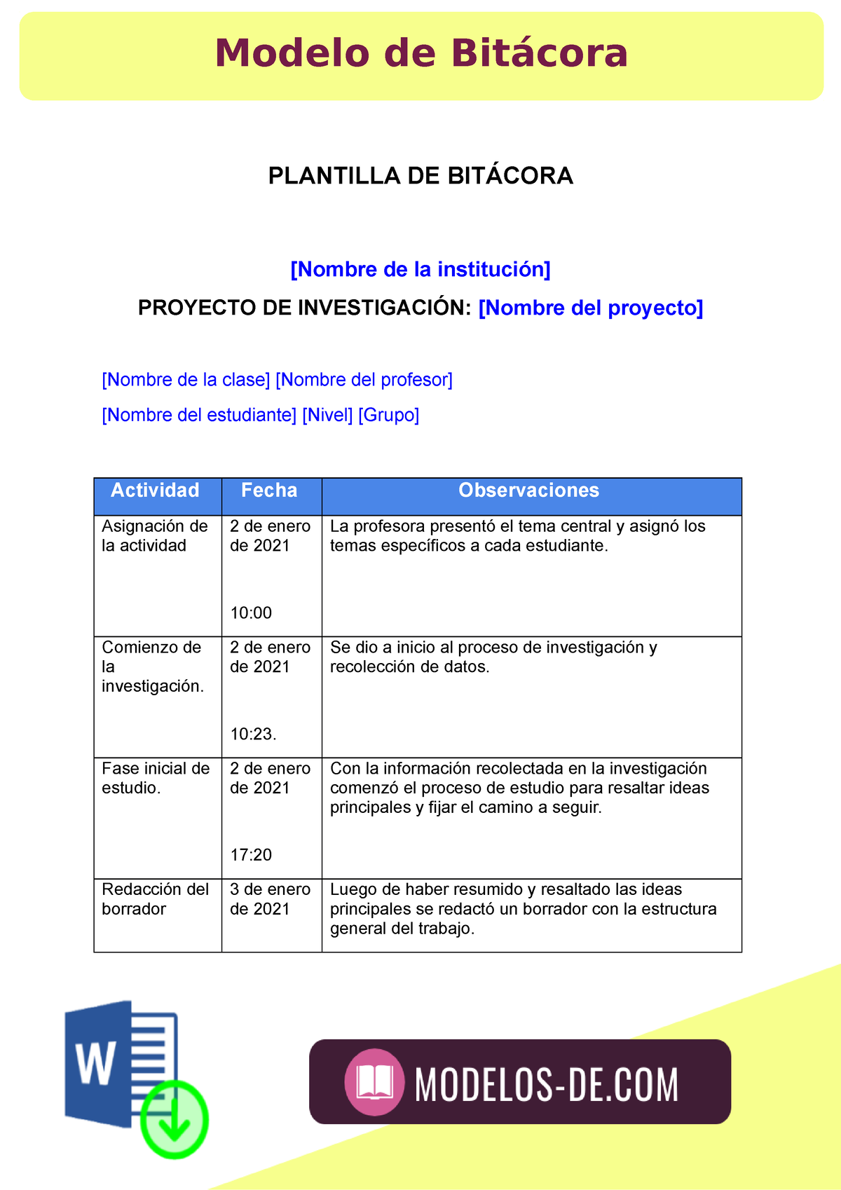 Modelo-de-Bitácora - Es un modelo de bitacora - PLANTILLA DE BITÁCORA  [Nombre de la institución] - Studocu