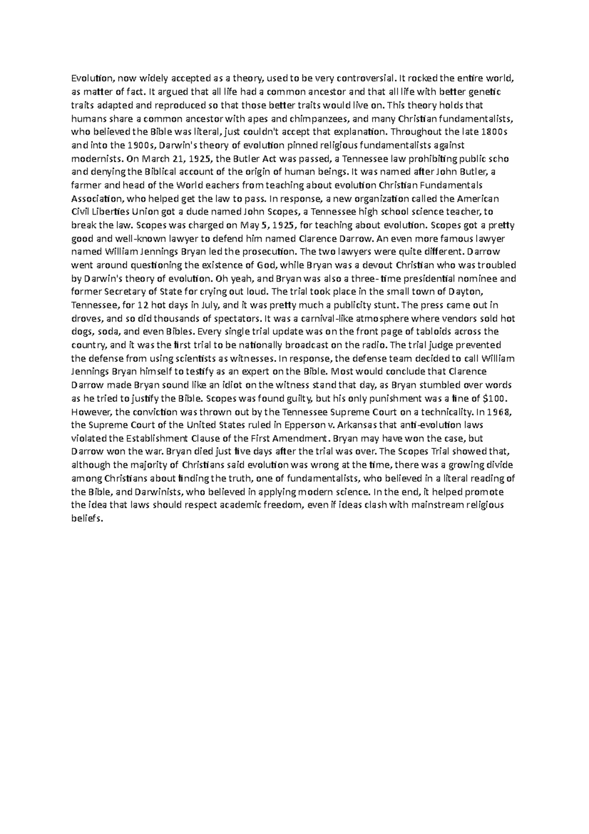 notes about the Scopes Trial Evolution, now widely accepted as a theory, used to be very Studocu