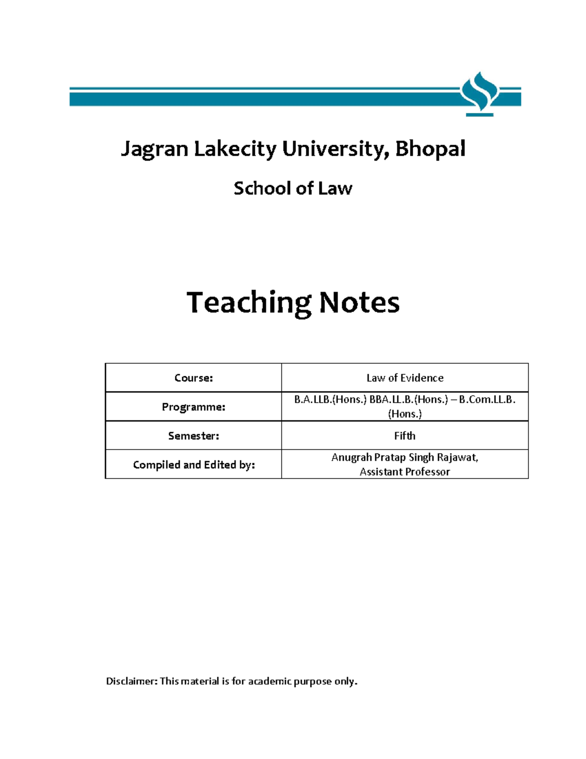 Evidence law Teaching Notes - Jagran Lakecity University, Bhopal School ...