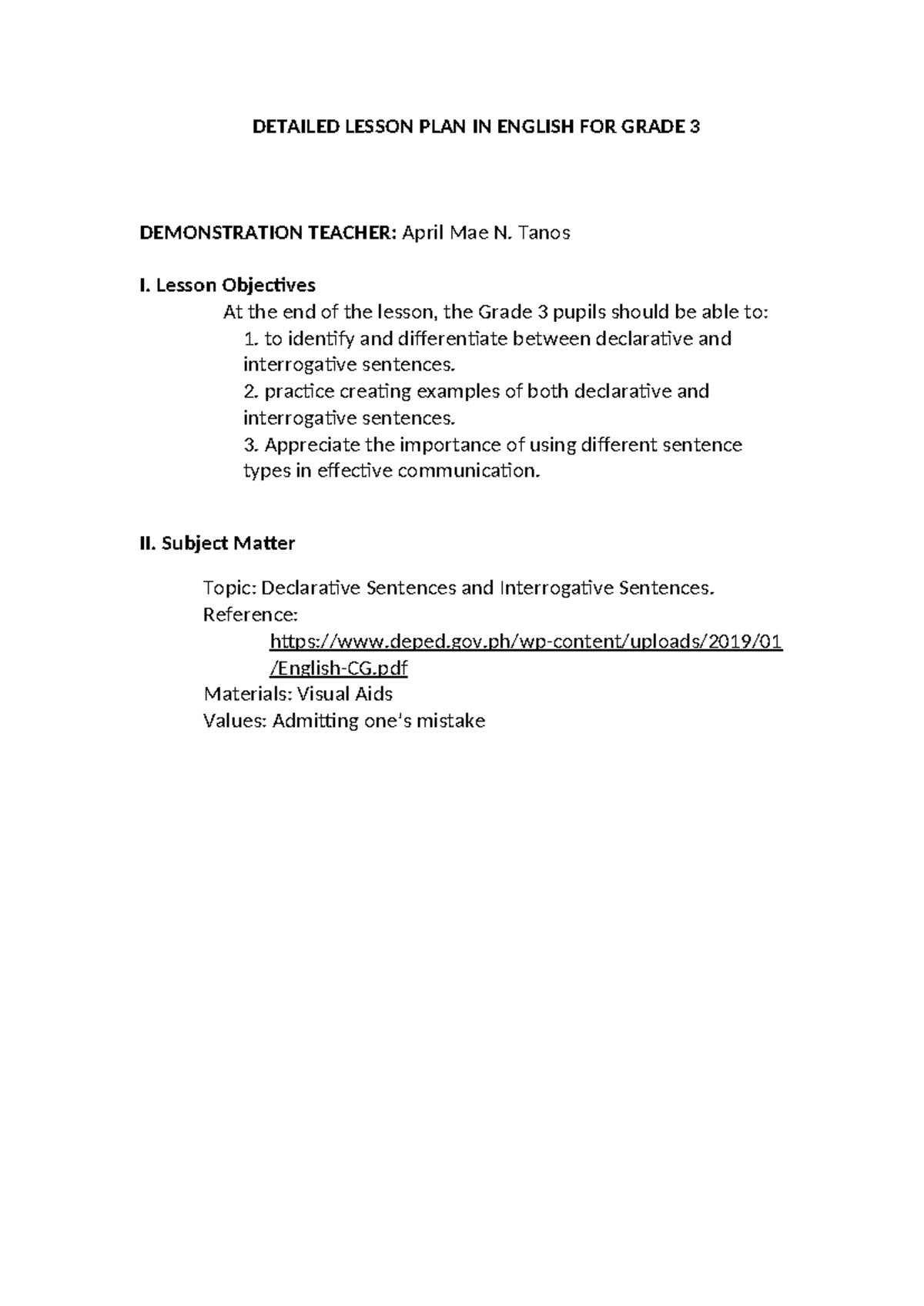 Finallessonplan - Lesson plan - DETAILED LESSON PLAN IN ENGLISH FOR ...