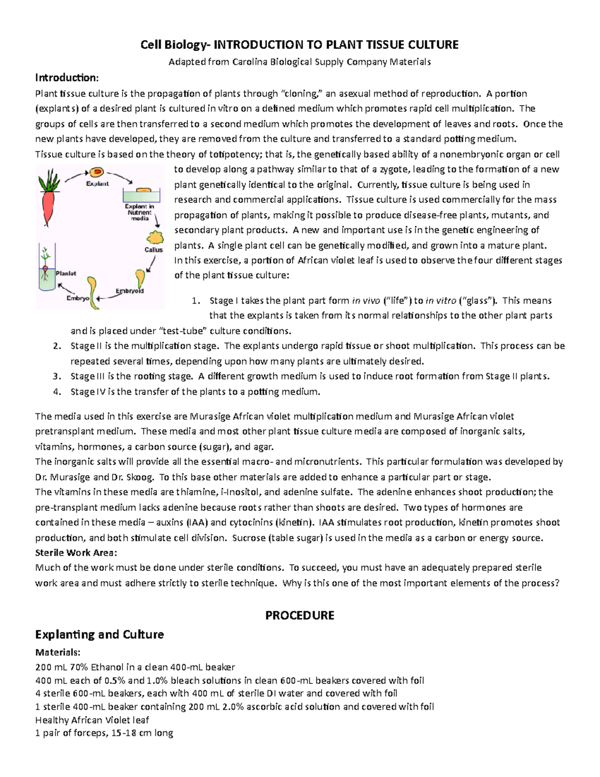 Lab 2 Aseptic Cell Biology INTRODUCTION TO PLANT TISSUE CULTURE
