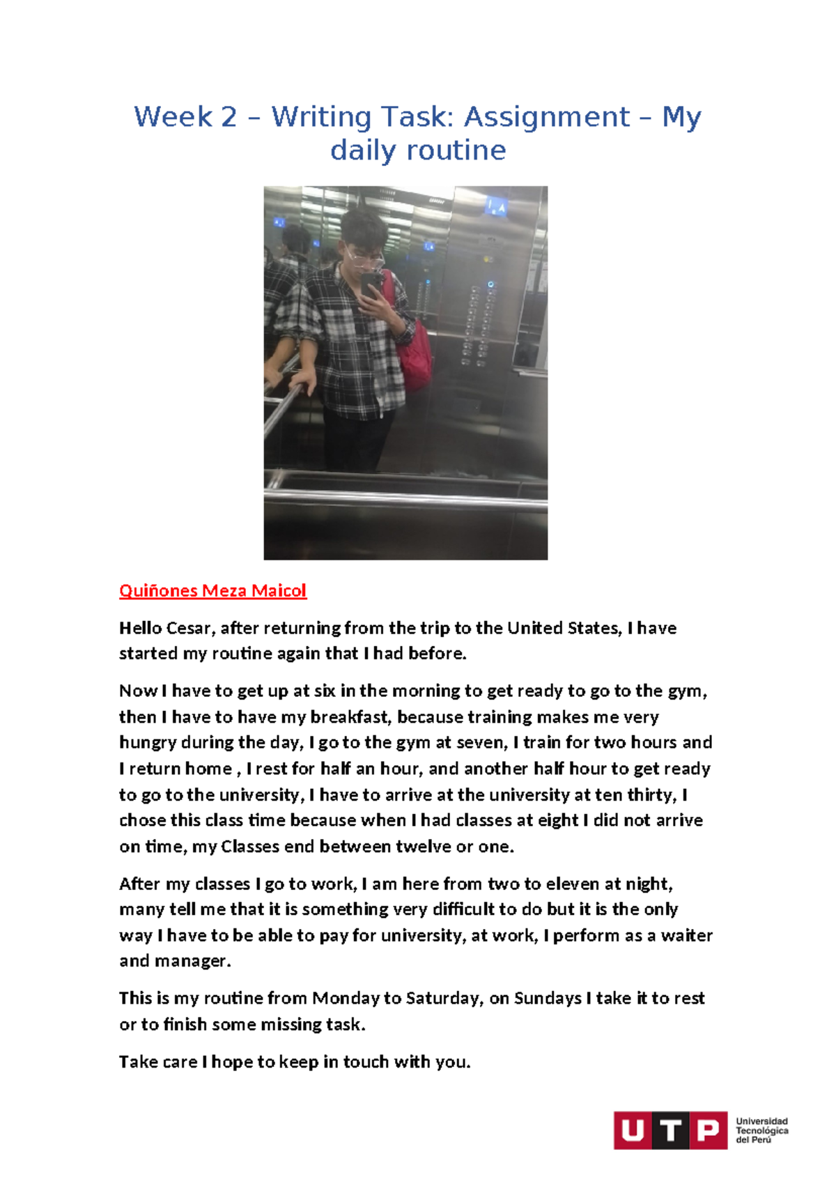 WEEK2 - Week 2 – Writing Task: Assignment – My daily routine Quiñones ...