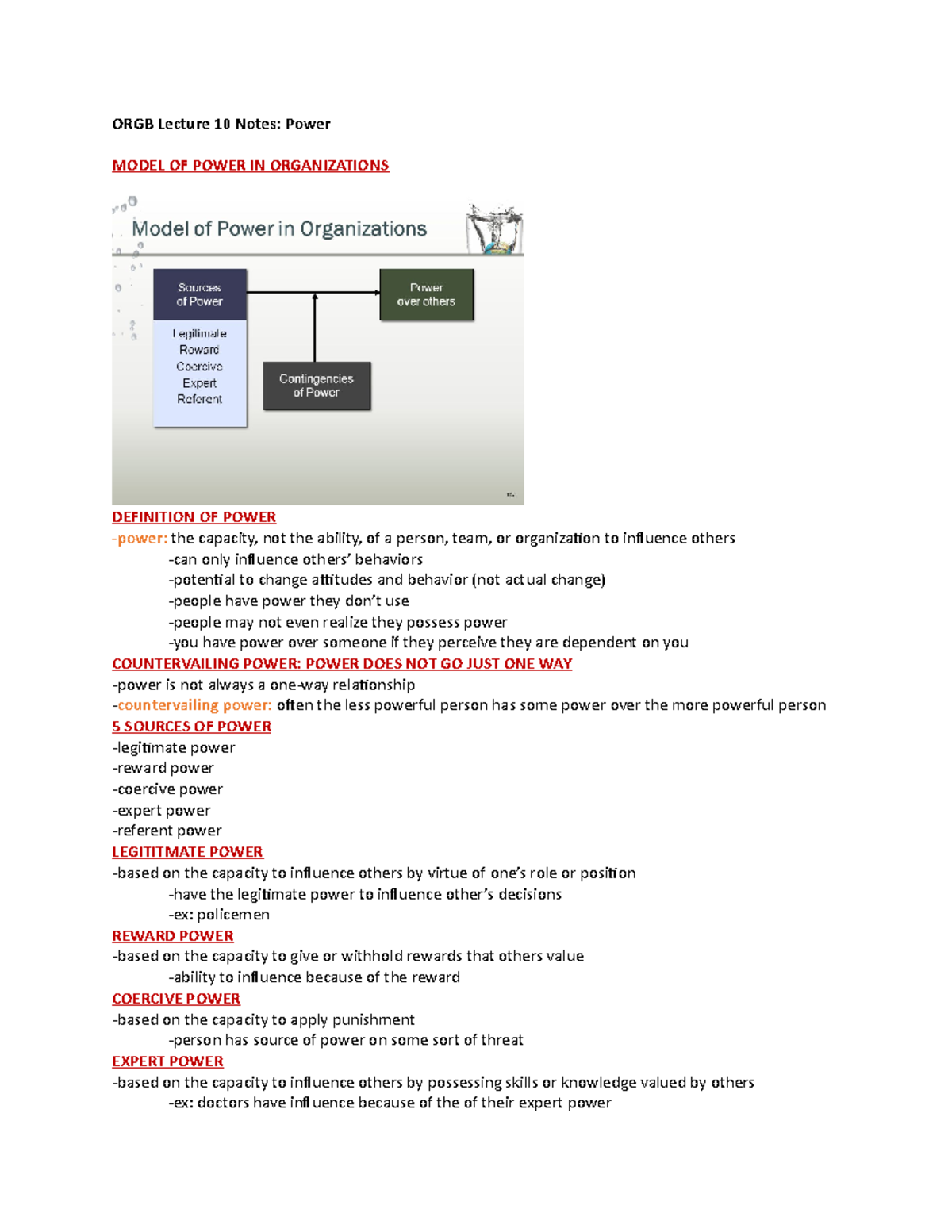 ORGB Lecture 10 Notes - ORGB Lecture 10 Notes: Power MODEL OF POWER IN ...