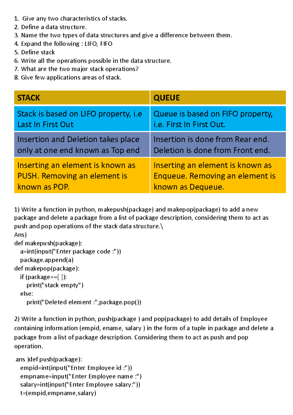 Stack QA - Give any two characteristics of stacks. Define a data ...