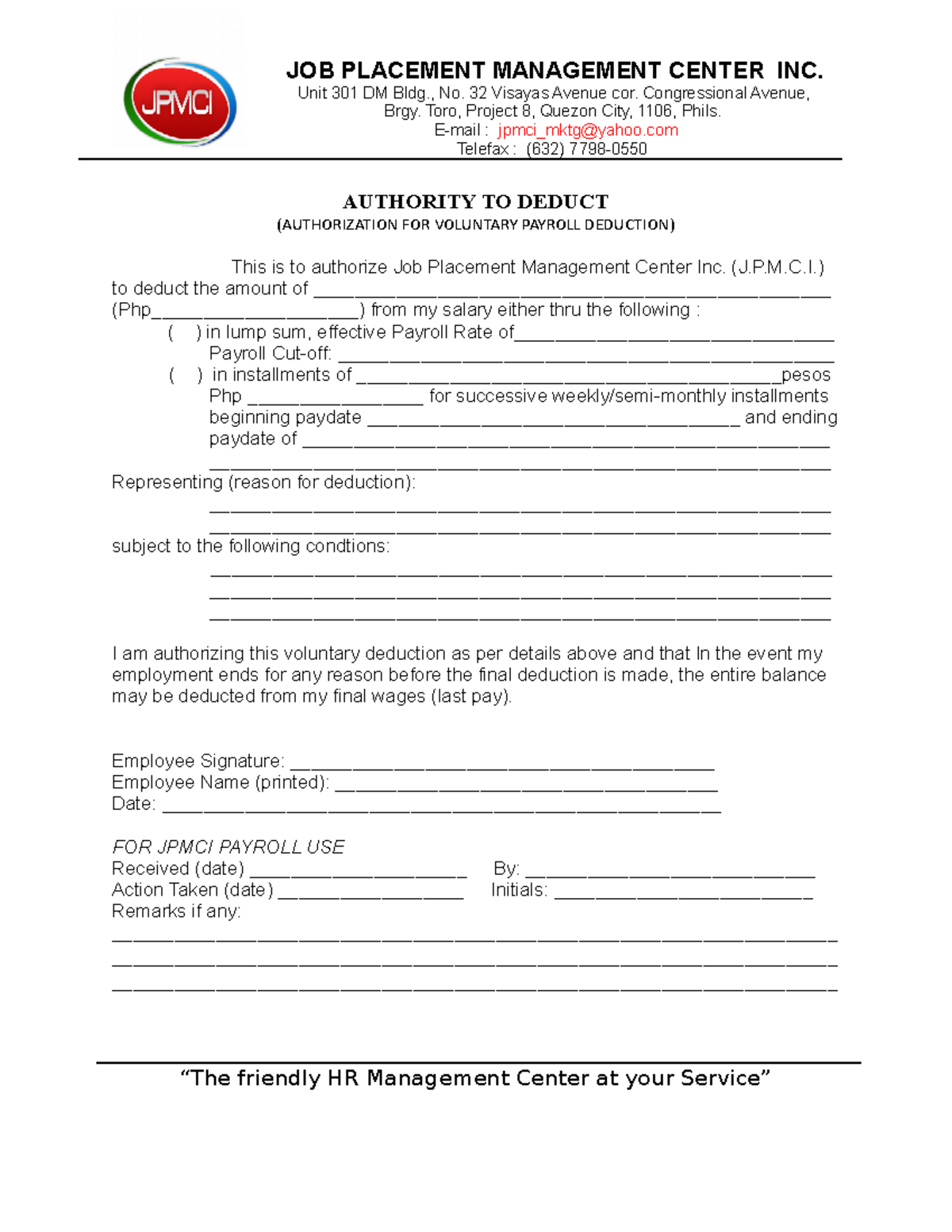 Jpmci Authority to Deduct 07142020 JOB PLACEMENT MANAGEMENT CENTER INC. Unit 301 DM Bldg