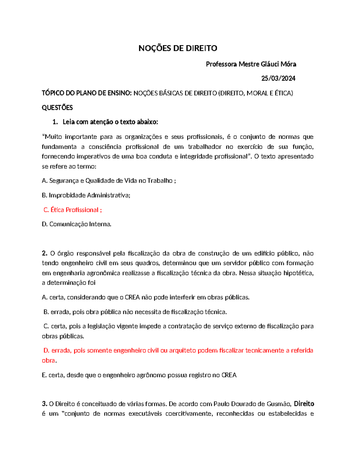 Gabarito Aula Engenharia 21 Março 2024 Noções De Direito NoÇÕes De Direito Professora Mestre 3980