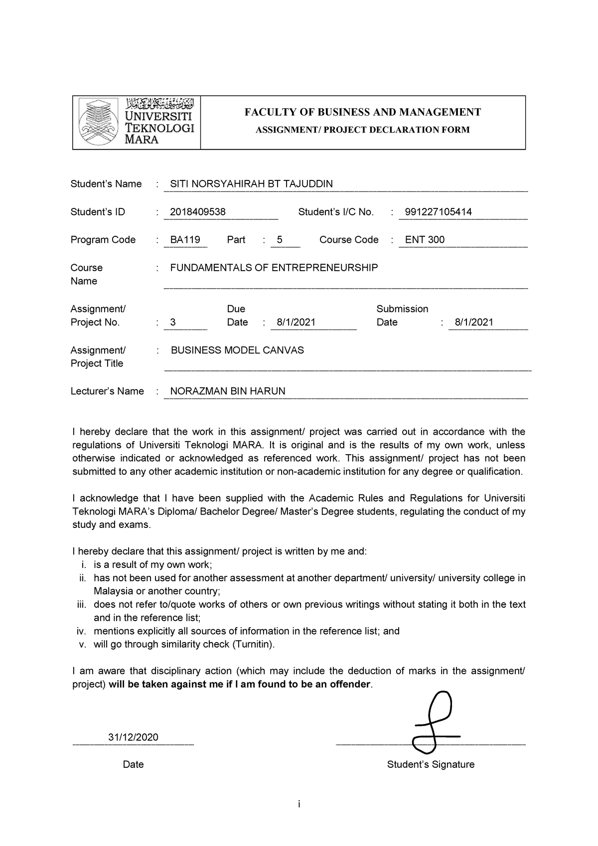 BMC SITI Latest 123 PDF - Grade: A - I Student’s Name : SITI ...