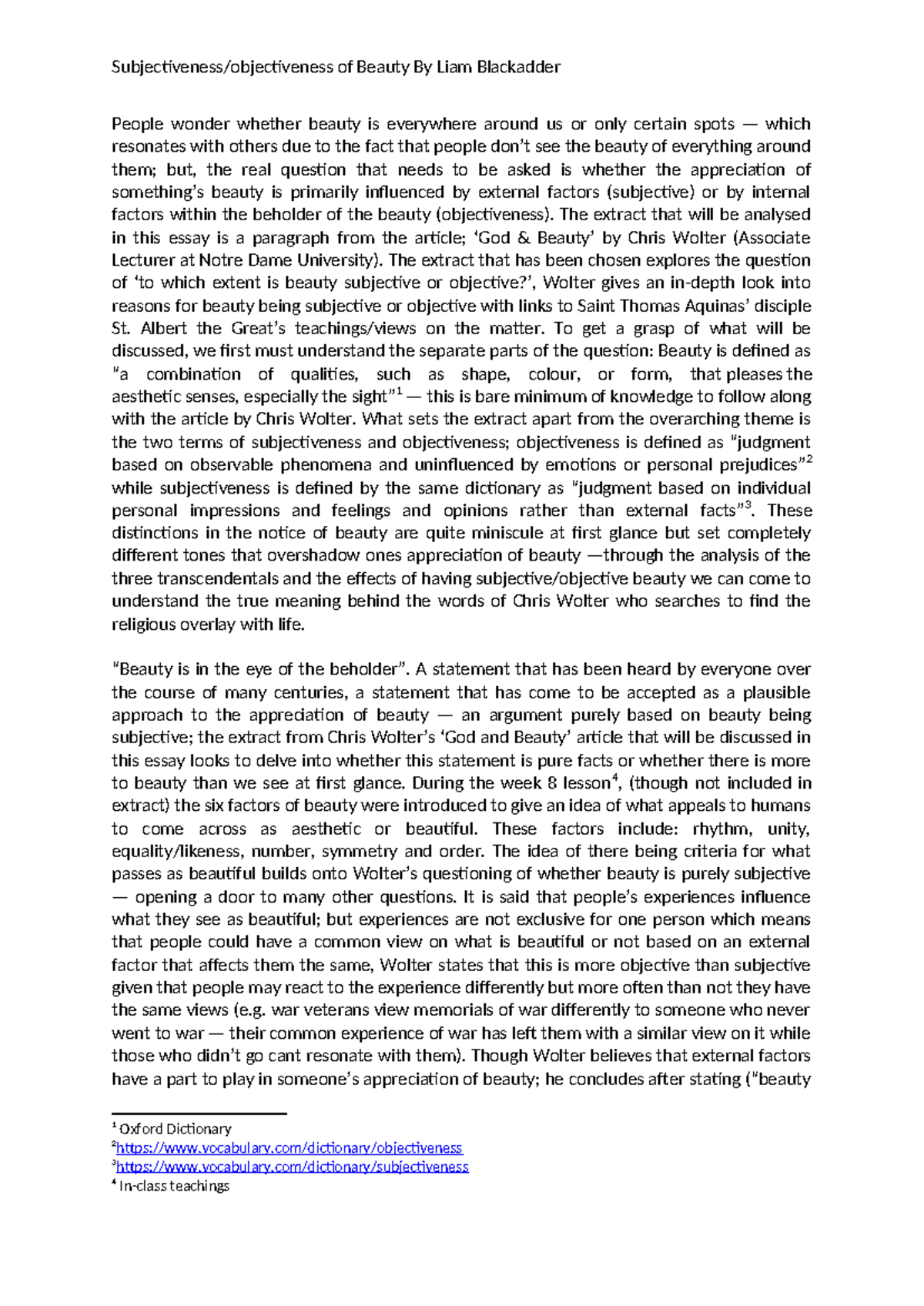 Logos essay - Subjectiveness/objectiveness of Beauty By Liam Blackadder ...