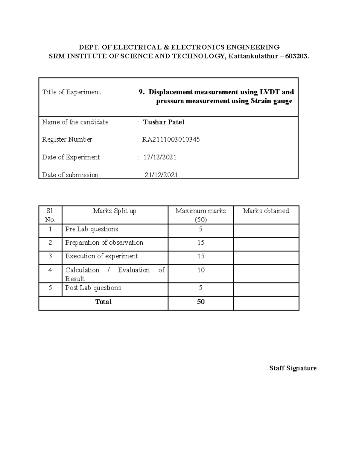 Displacement measurement using LVDT and pressure measurement using