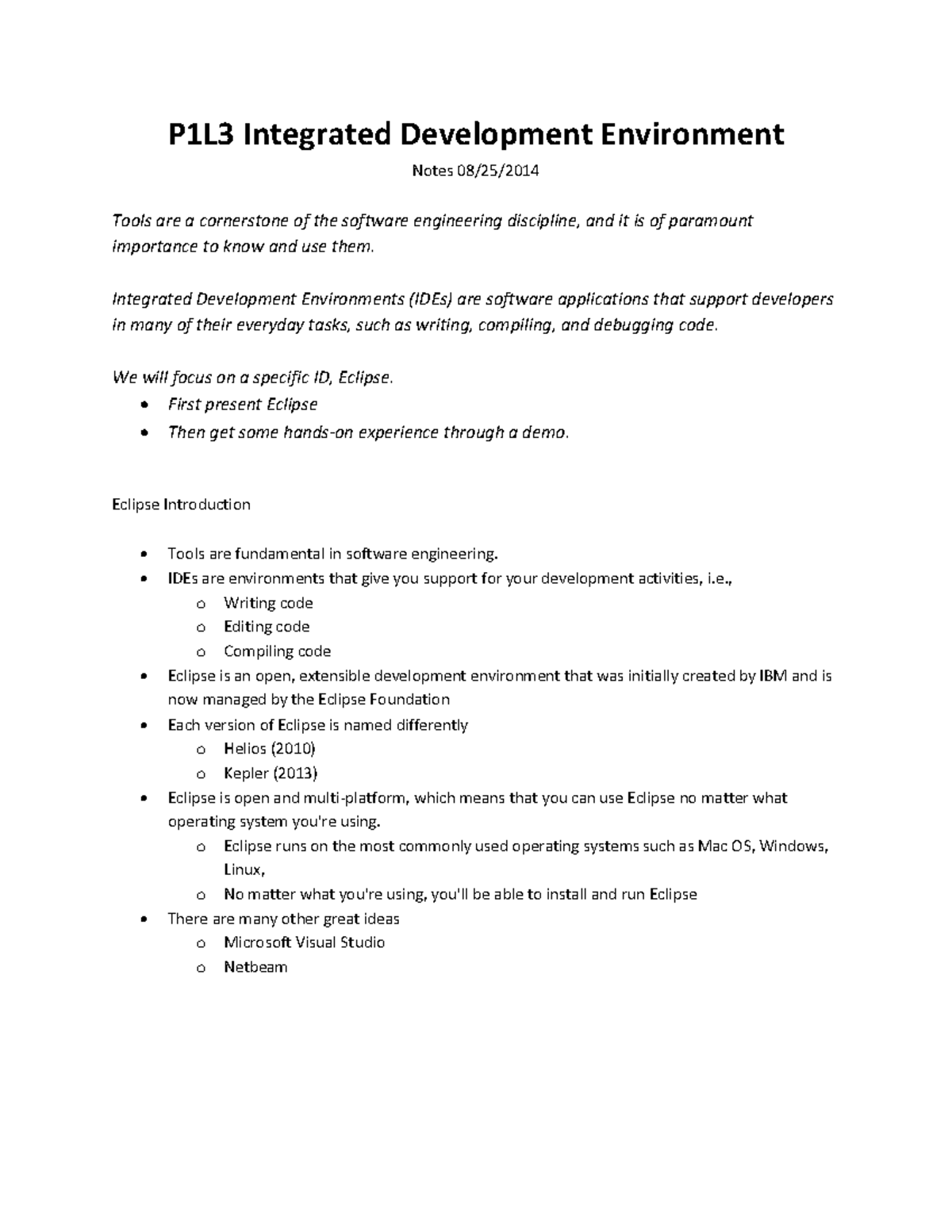 P1L3 Integrated Development Environment Notes - P1L3 Integrated ...