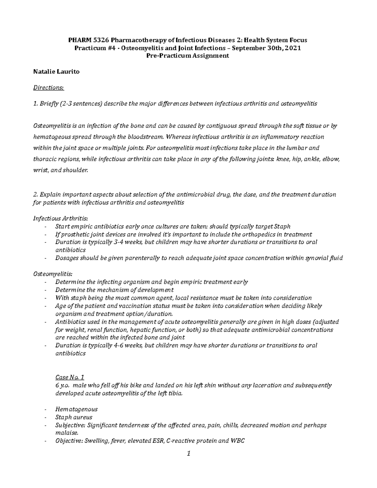 Osteo and Joint Prepracticum - PHARM 5326 Pharmacotherapy of Infectious ...