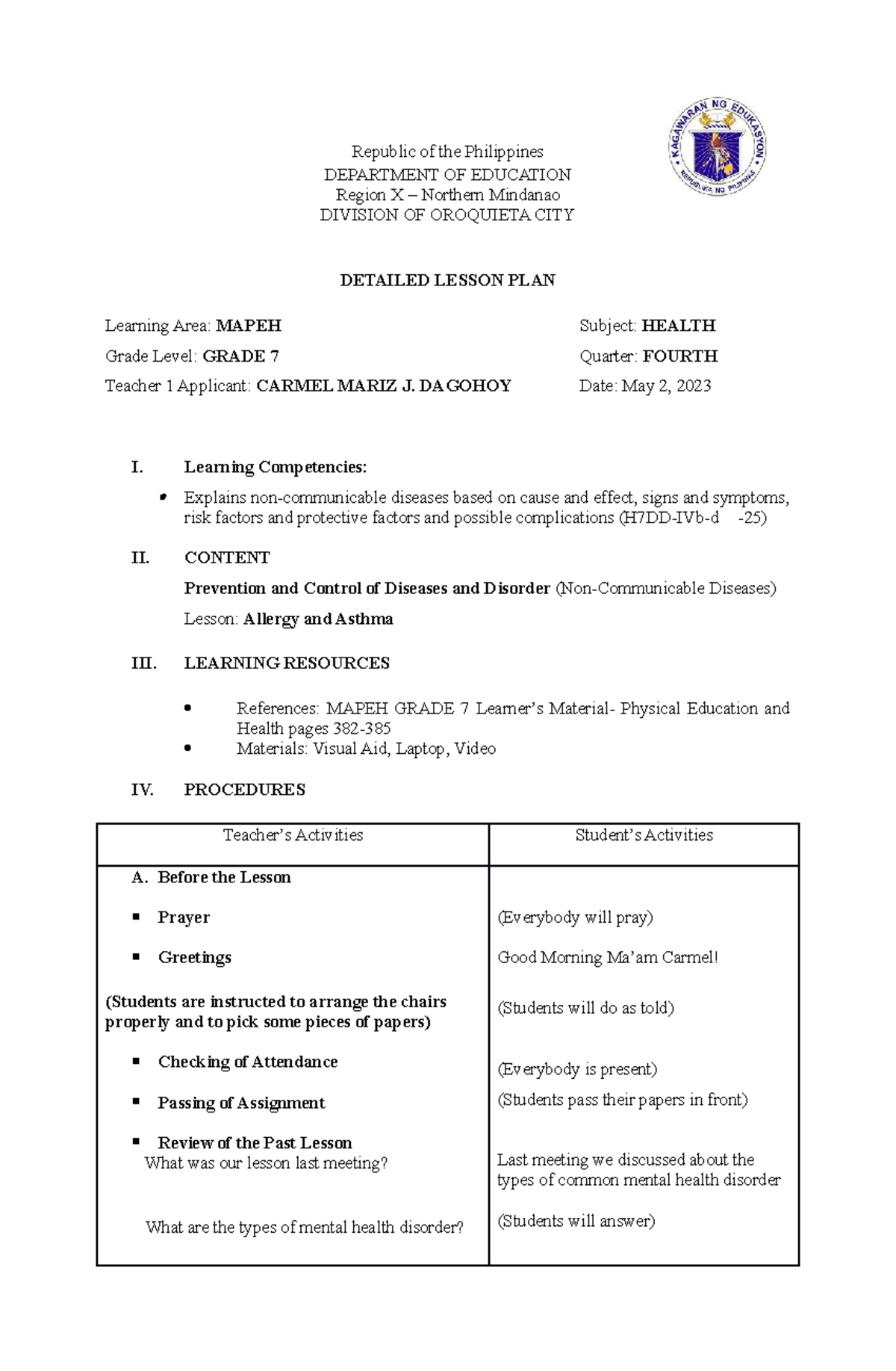 Grade 7 Lesson PLAN Carmel Mariz J - Republic of the Philippines ...