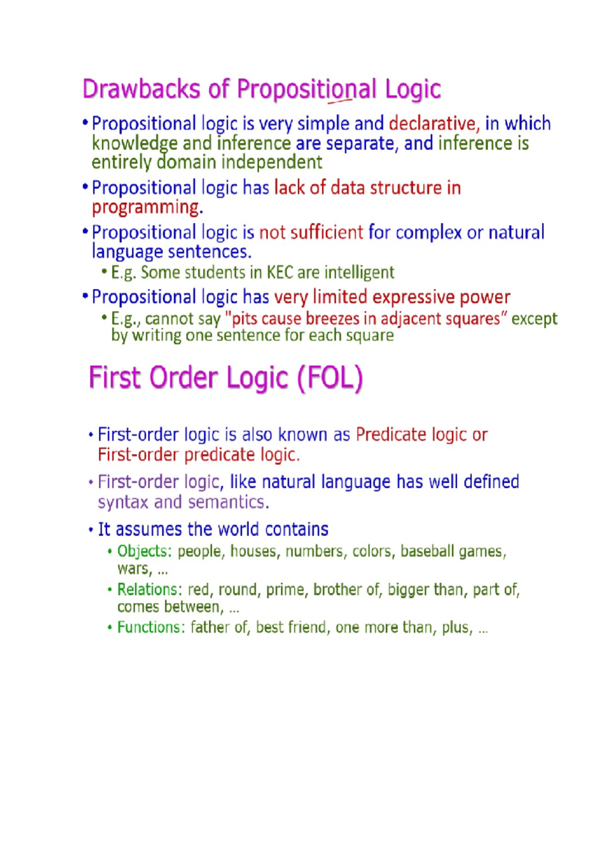 First order logic - Unit 4 of AI - Artificial intelligence - Studocu