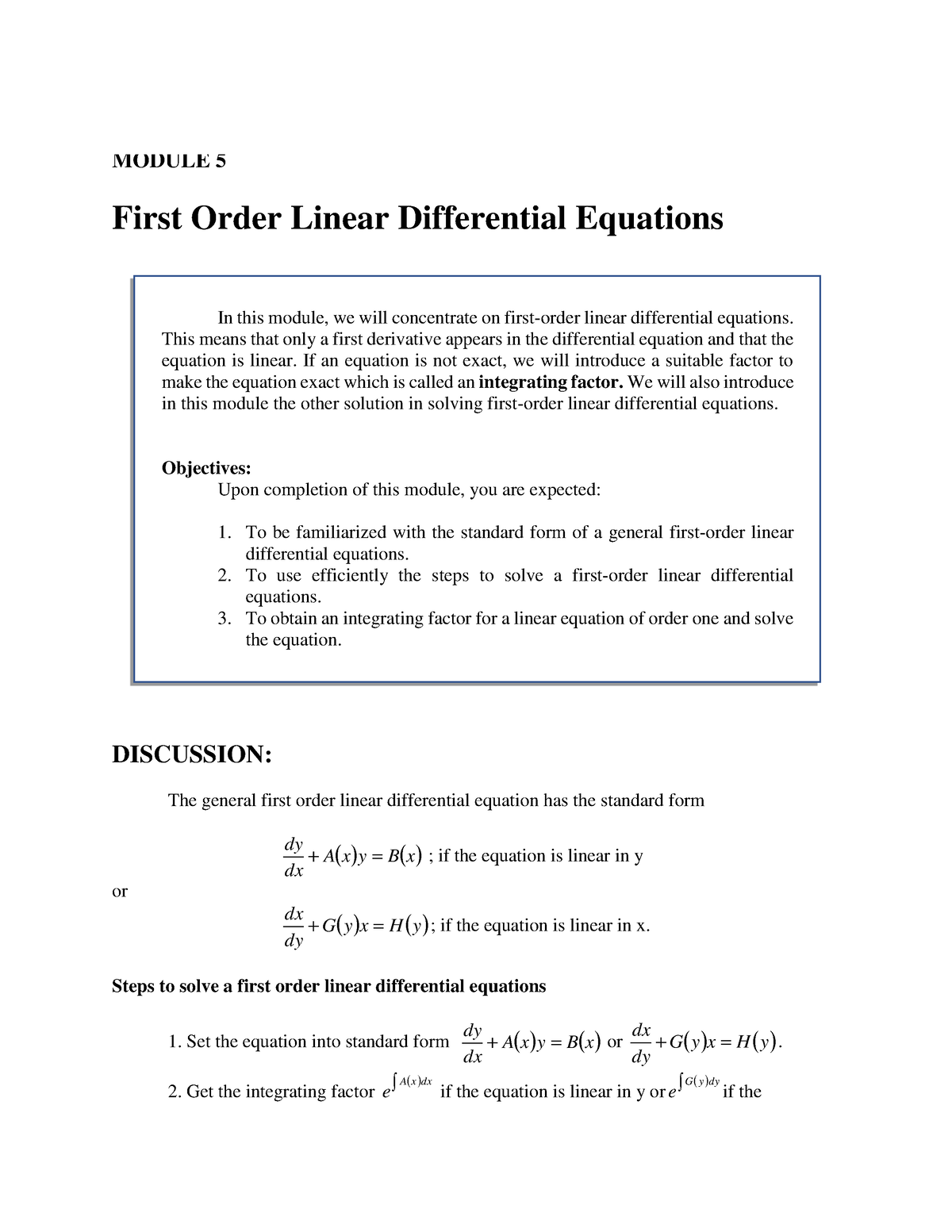 First Order Linear Differential Equations - Department of Mathematics ...