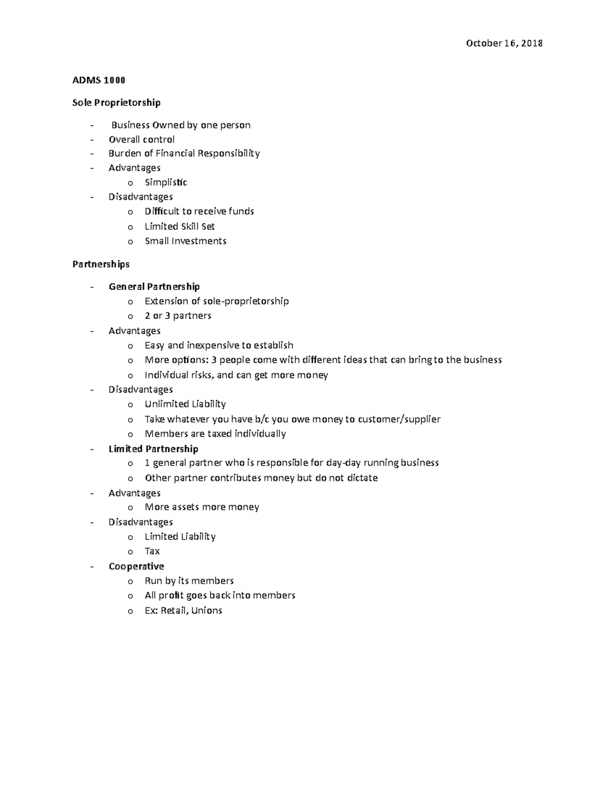 ADMS 1000 Notes 5 - October 16, 2018 ADMS Sole Proprietorship Business ...