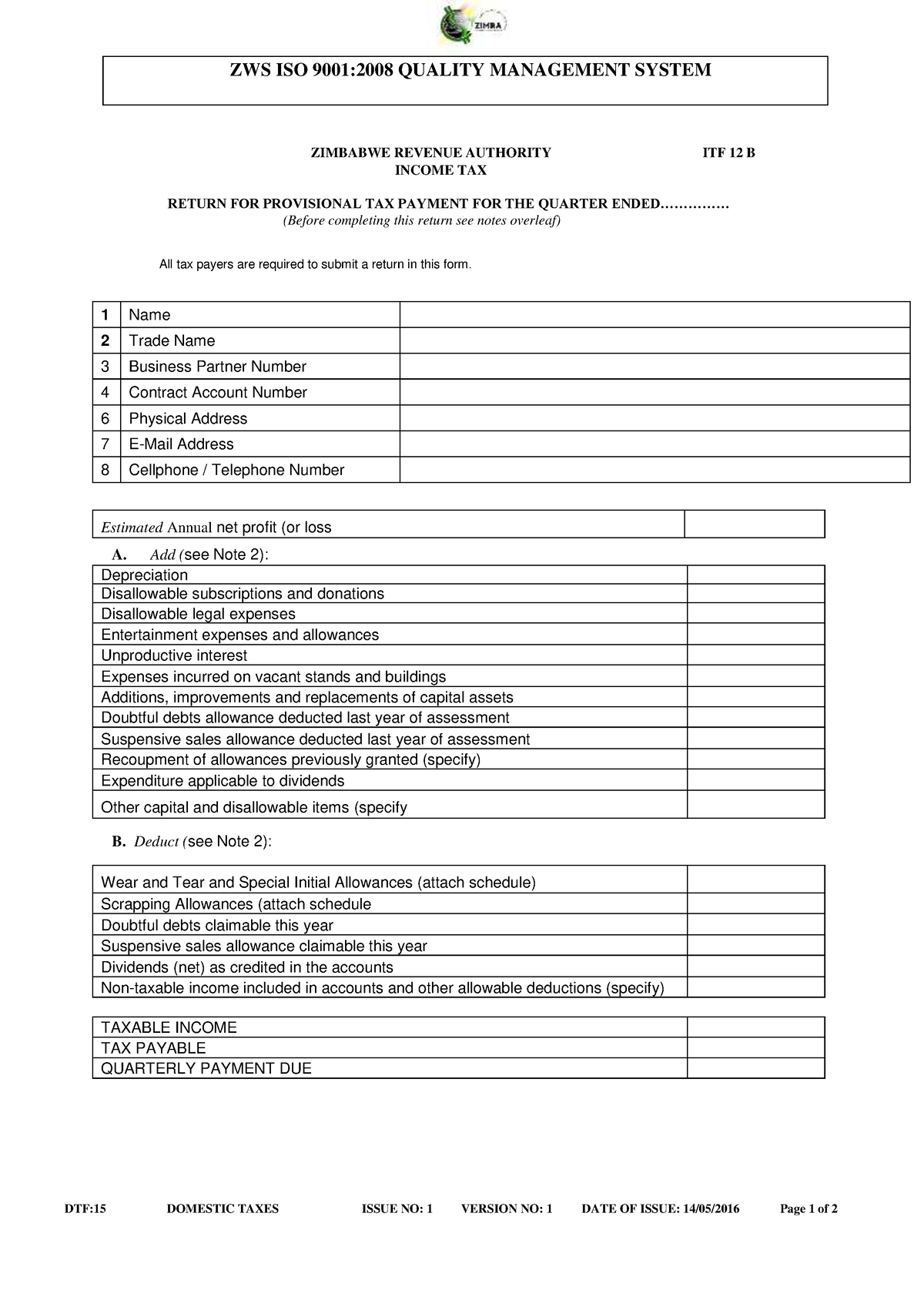 ITF 12B Return FOR Provisional TAX Payment - ZWS ISO 9001:2008 QUALITY ...