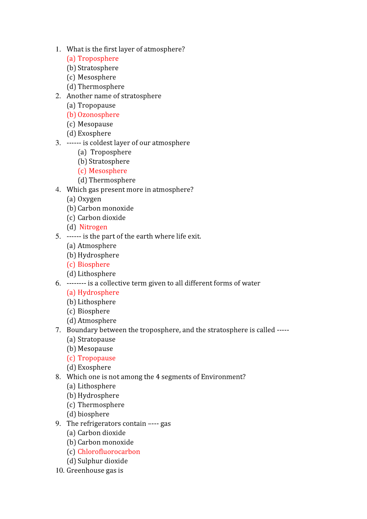 Model MCQs for CT-1 - prof alok - What is the first layer of atmosphere ...