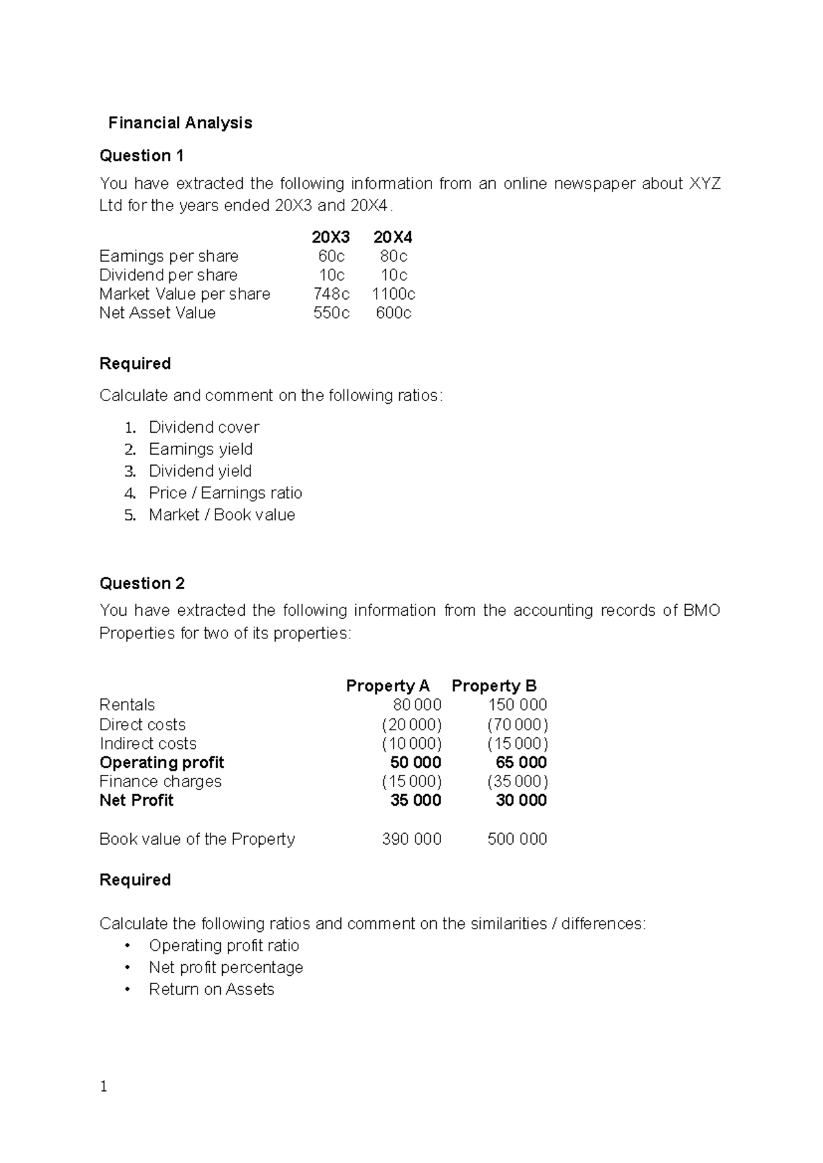 Lecture questions - Practise Material - Financial Analysis Question 1 ...