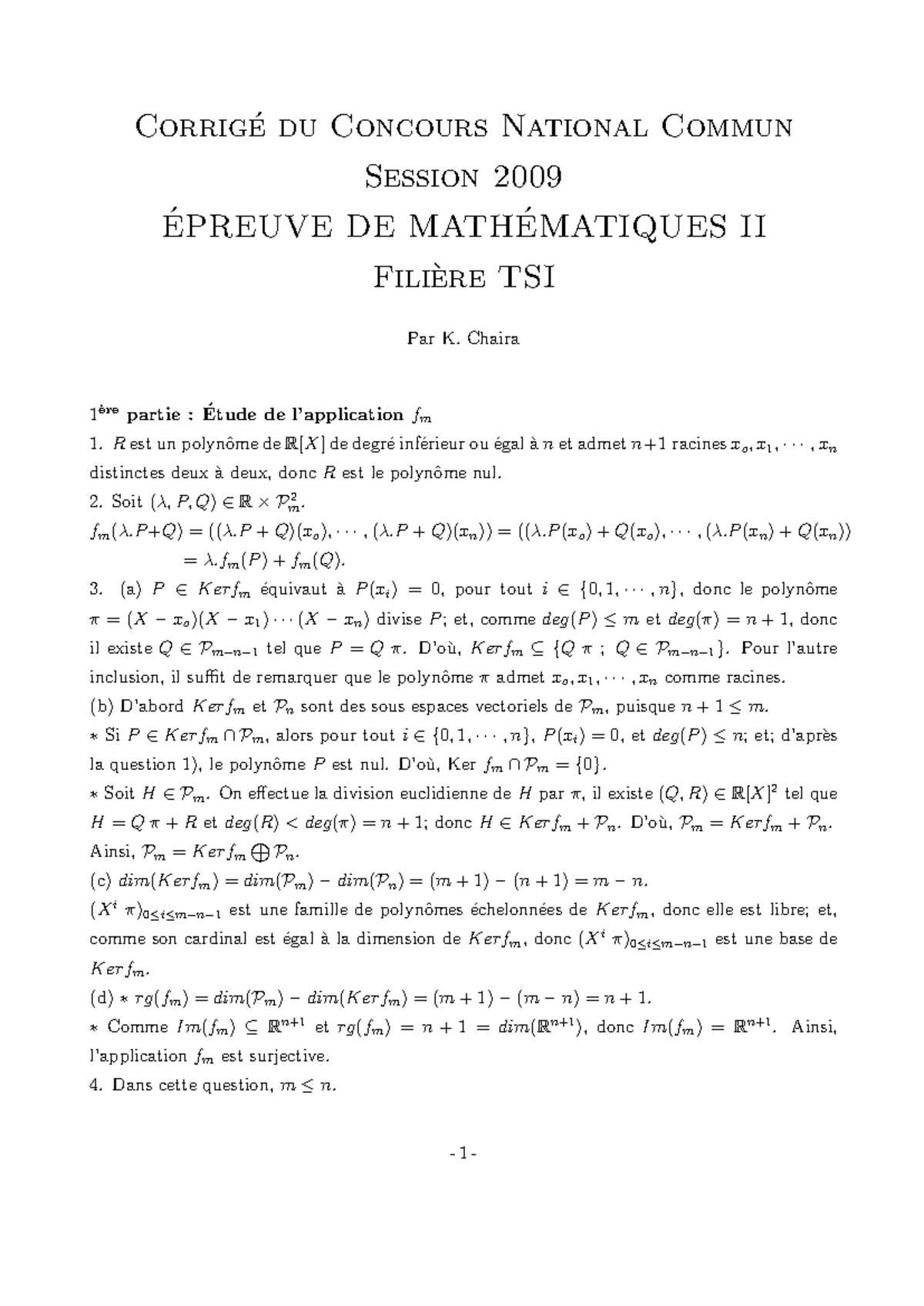 CNC 2009 TSI maths 2 corrige - Corrig ́e du Concours National Commun ...