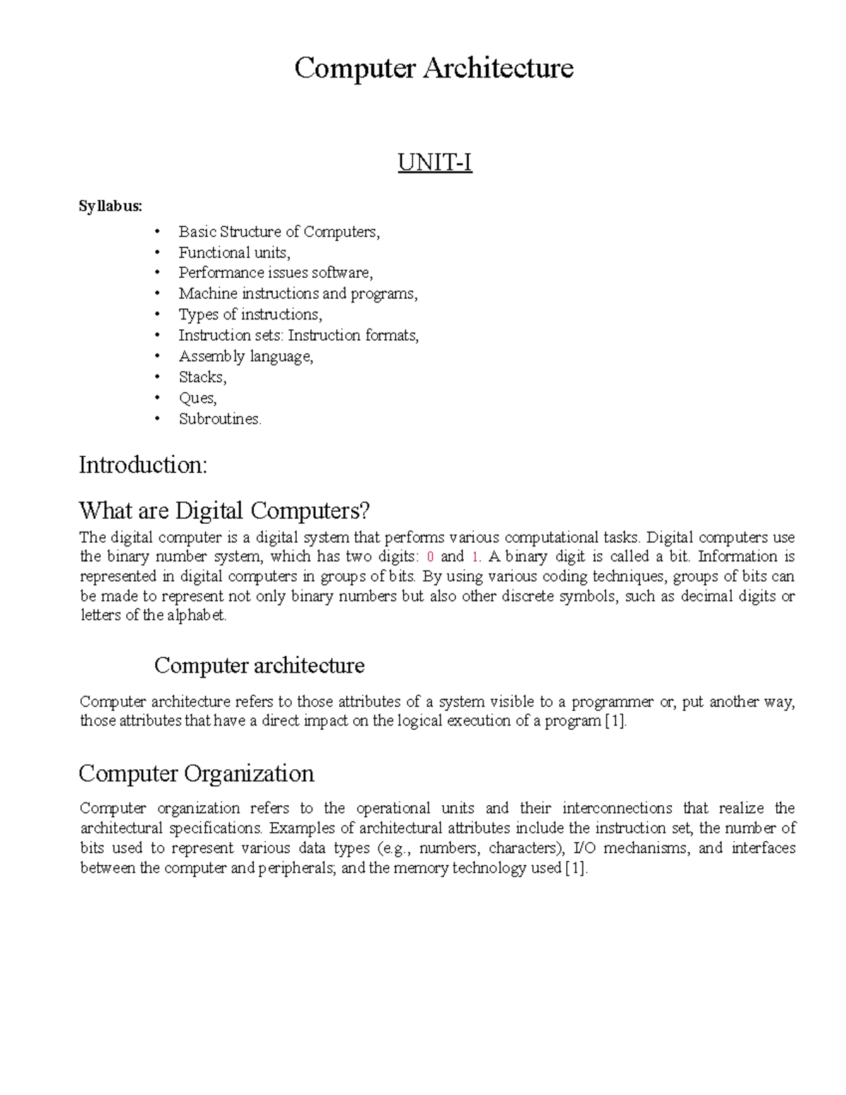 2.Computer Architecture UNIT 1 - Computer Architecture UNIT-I Syllabus ...