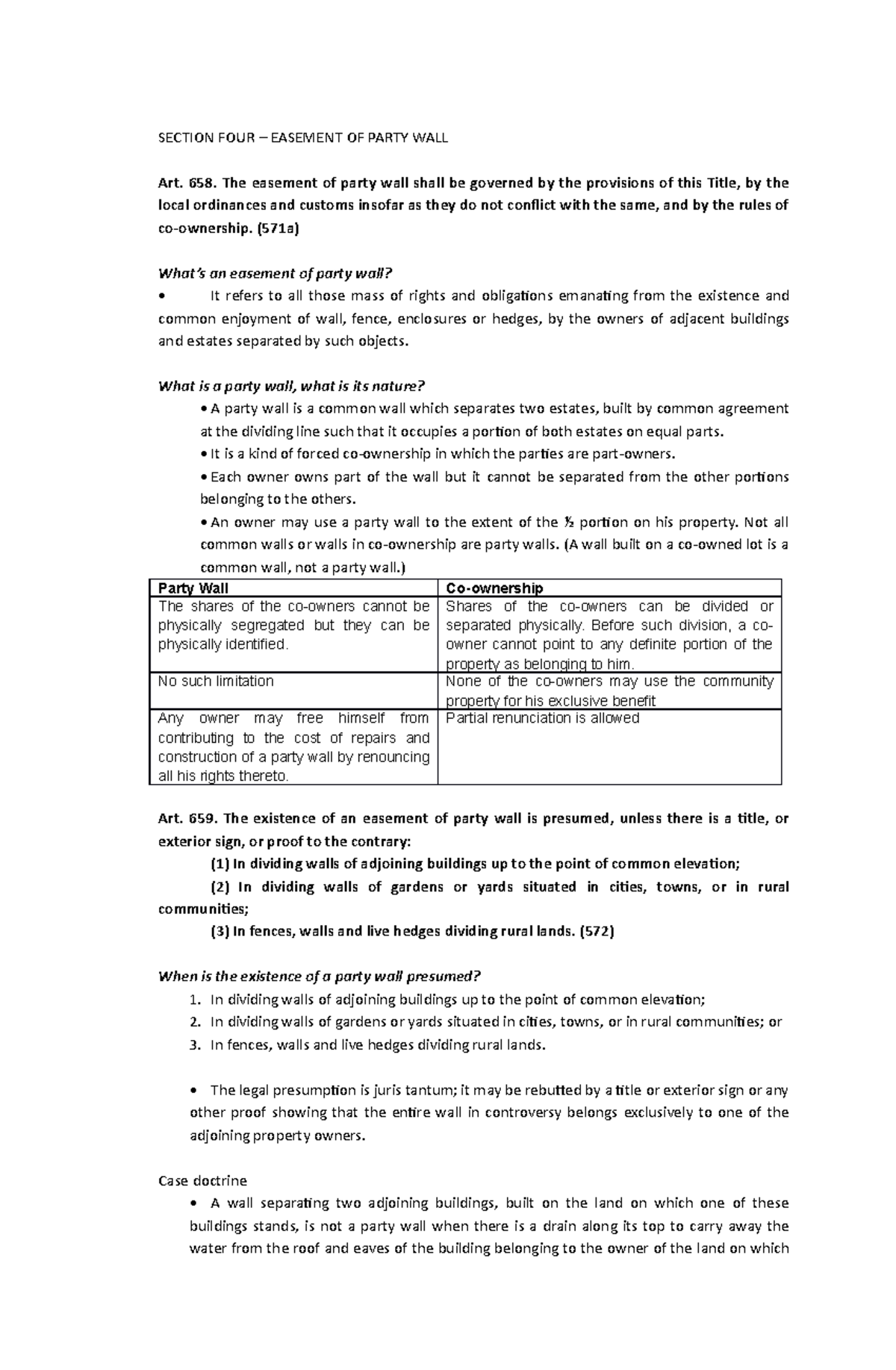 Notes easement of party wall SECTION FOUR EASEMENT OF PARTY WALL
