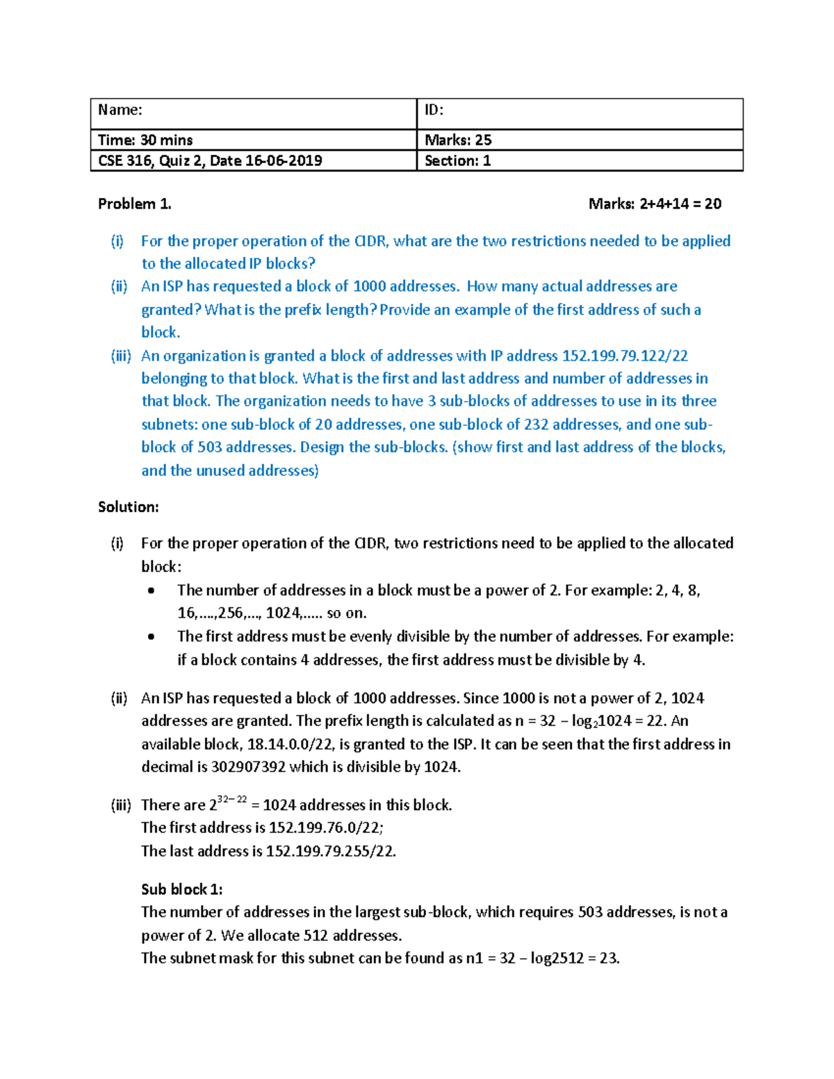 2019 quiz 2 question answer - Name: ID: Time: 30 mins Marks: 25 CSE 316 ...