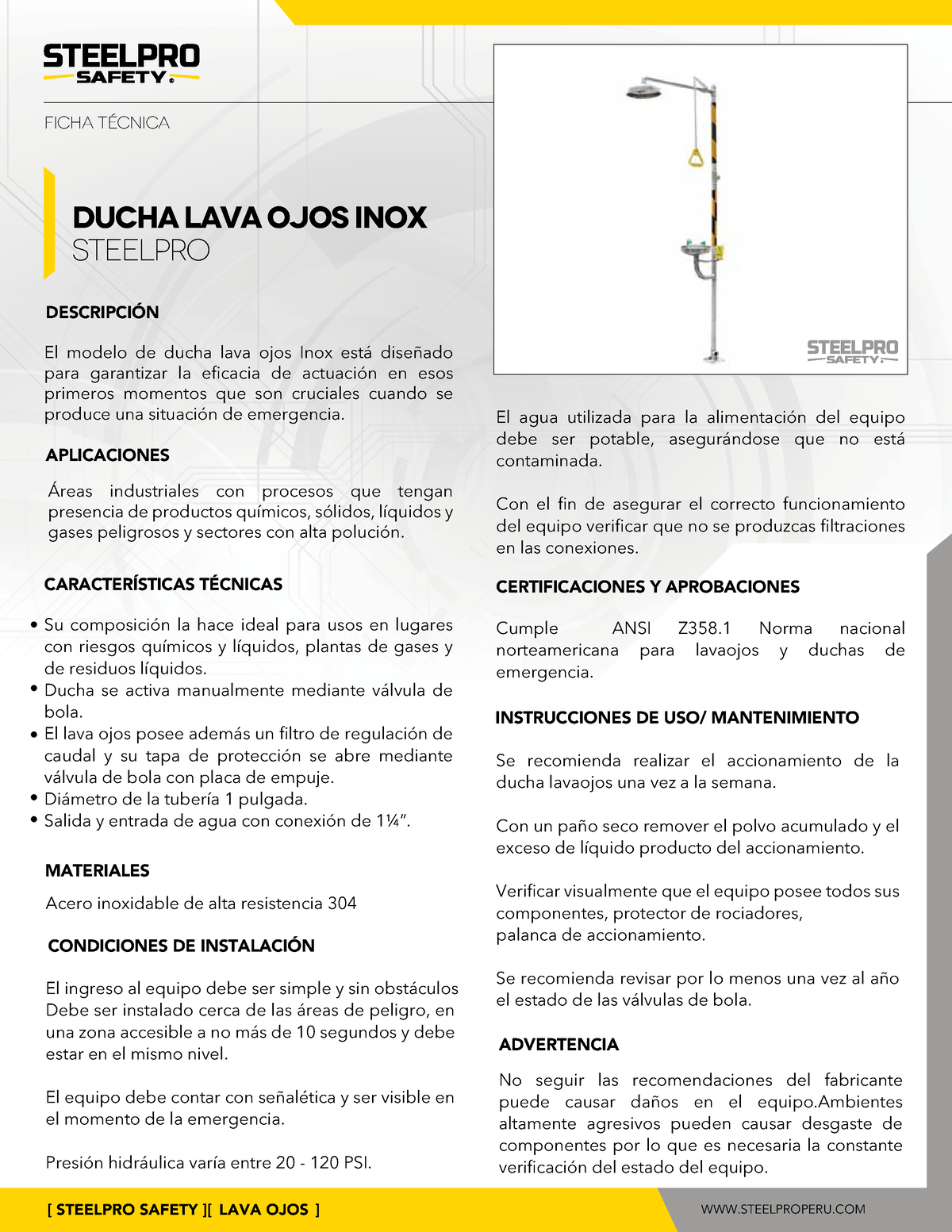 Ficha Tecnica Ducha Lavaojos Inox Laboratorio Descripci N Materiales Condiciones De