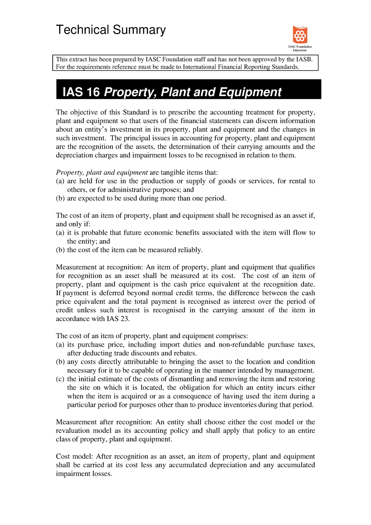 IAS 16 Property, Plant And Equipment - Technical Summary This Extract ...