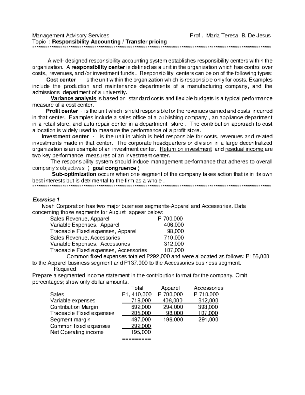 Responsibility Accounting Lecture Aid page 1 and 2 - Management ...