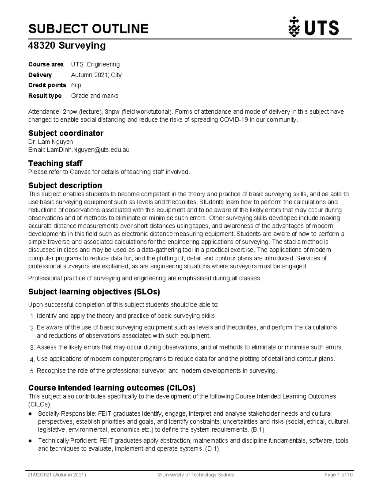 Subject outline - SUBJECT OUTLINE 48320 Surveying Attendance: 2hpw ...