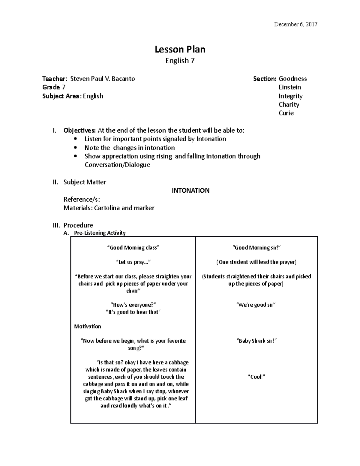 G7 Lesson PLAN Intonation - Lesson Plan English 7 Teacher: Steven Paul ...