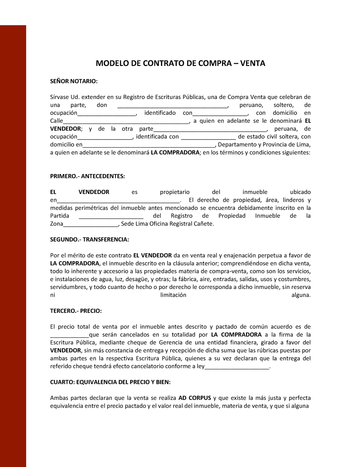 Ejemplo Guía modelo de contrato de compraventa. - MODELO DE CONTRATO DE  COMPRA – VENTA SEÑOR - Studocu