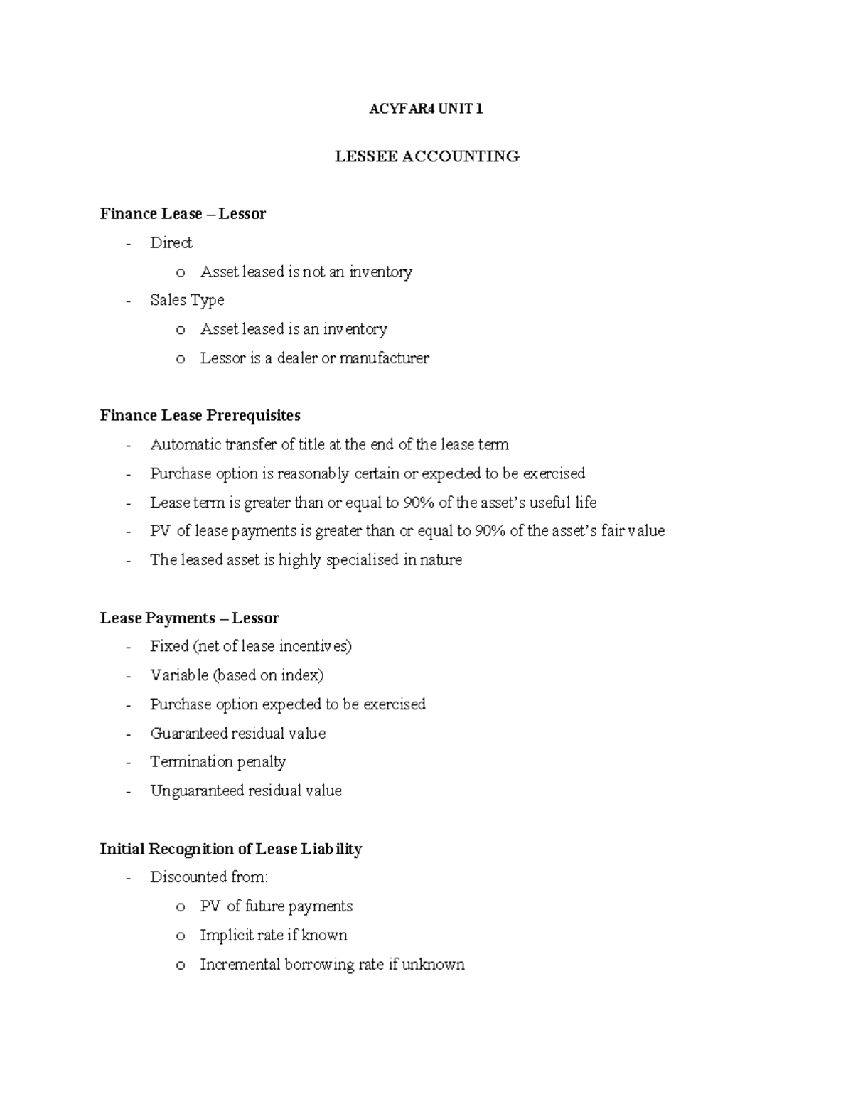 FAR4 Unit 1 Notes ACYFAR4 UNIT 1 LESSEE ACCOUNTING Finance Lease