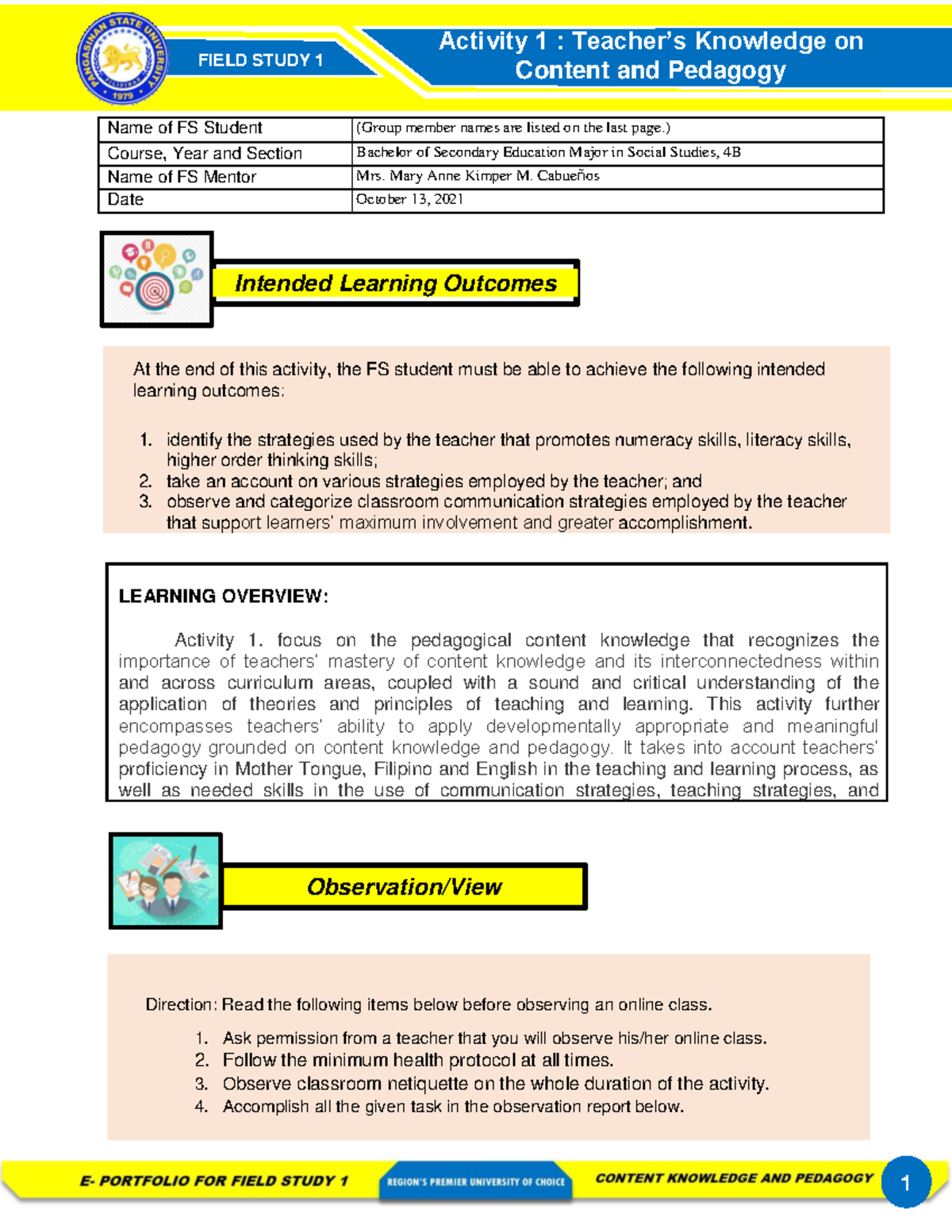 Group 2 SS4B Act 1 temp - Content and Pedagogy FIELD STUDY 1 Intended ...