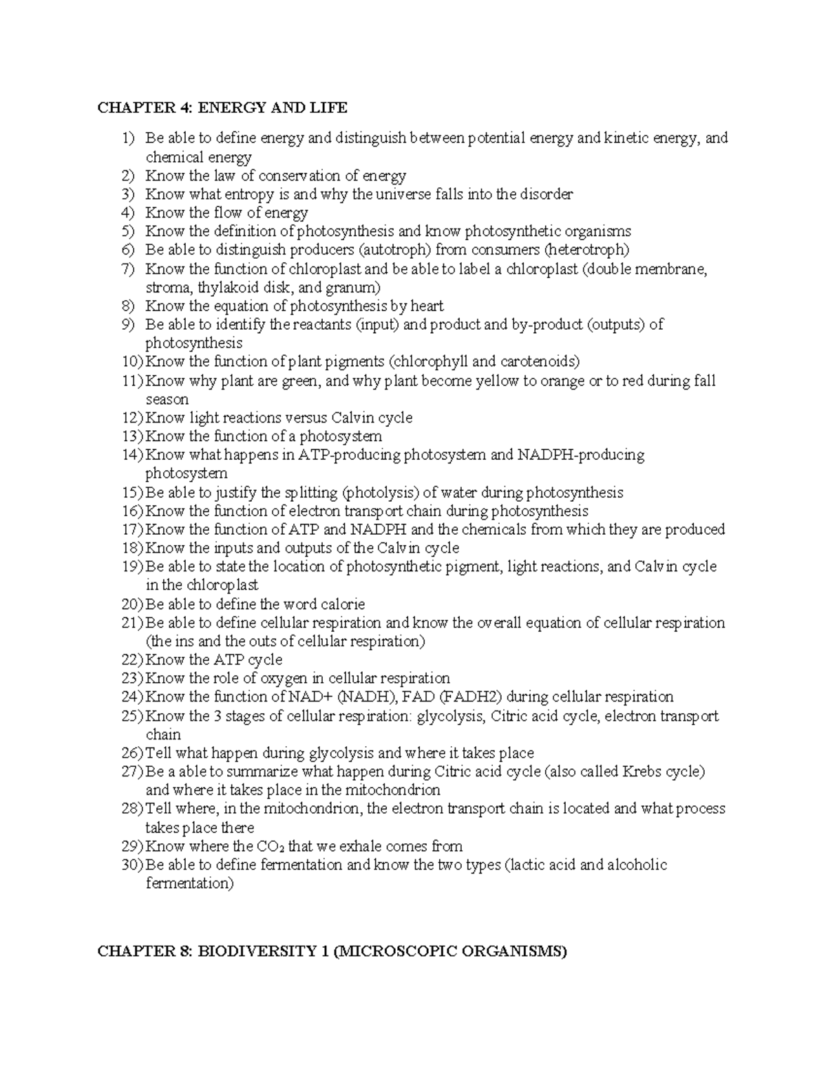 Exam 3 Study Guide ( F2023) - CHAPTER 4: ENERGY AND LIFE 1) Be able to ...