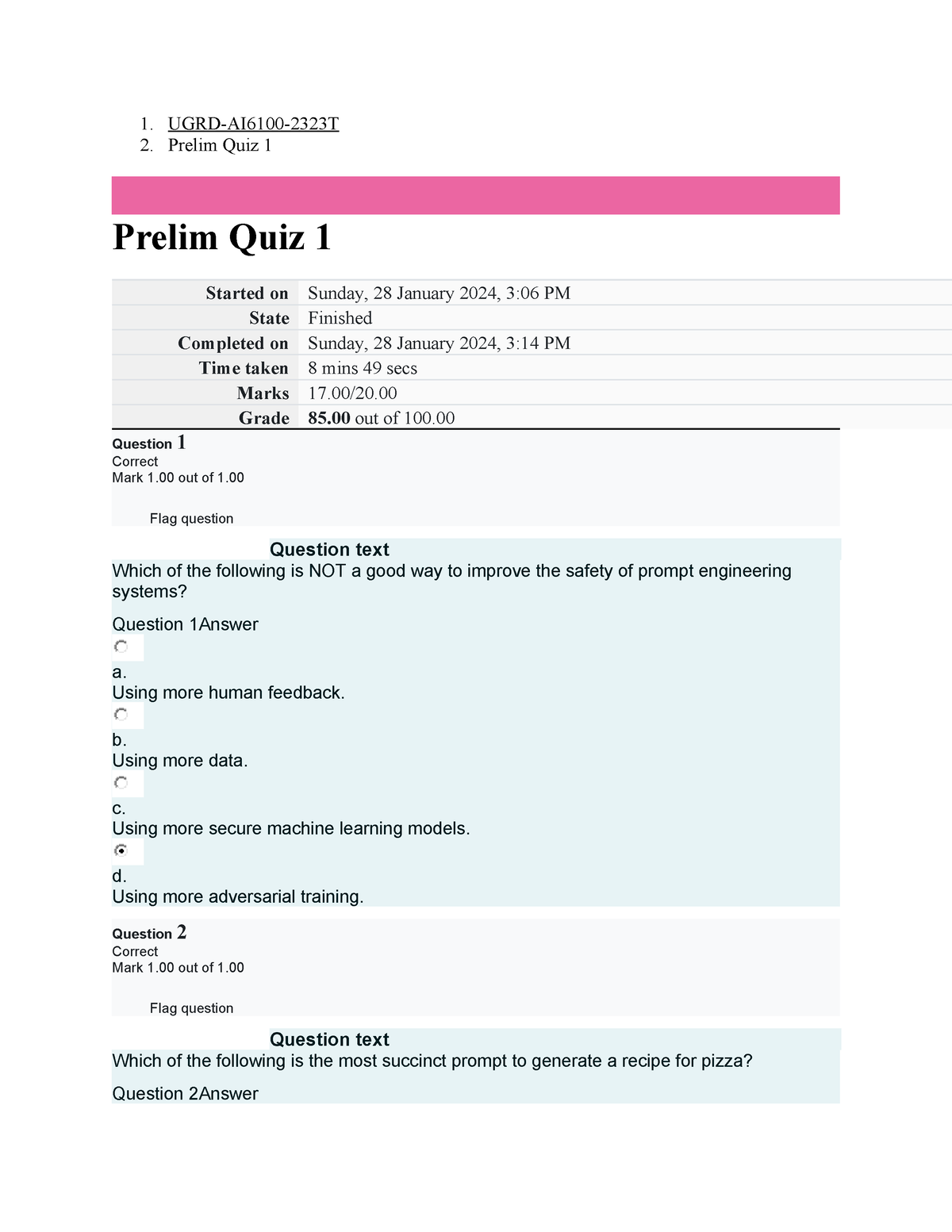 UGRD-AI6100 AI Prompt Engineering Prelim Quiz 1 - 1. UGRD-AI6100-2323T ...