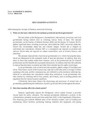 SELF Learning Activity 5 - Name: KATHERINE D. MEDINA Section: MSED-EM ...