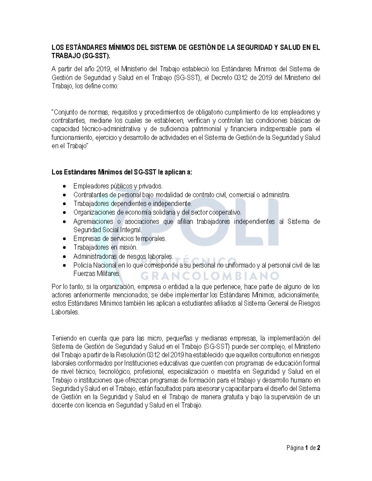 Consultorio De GSST - P·gina 1 De 2 LOS EST¡NDARES MÕNIMOS DEL SISTEMA ...