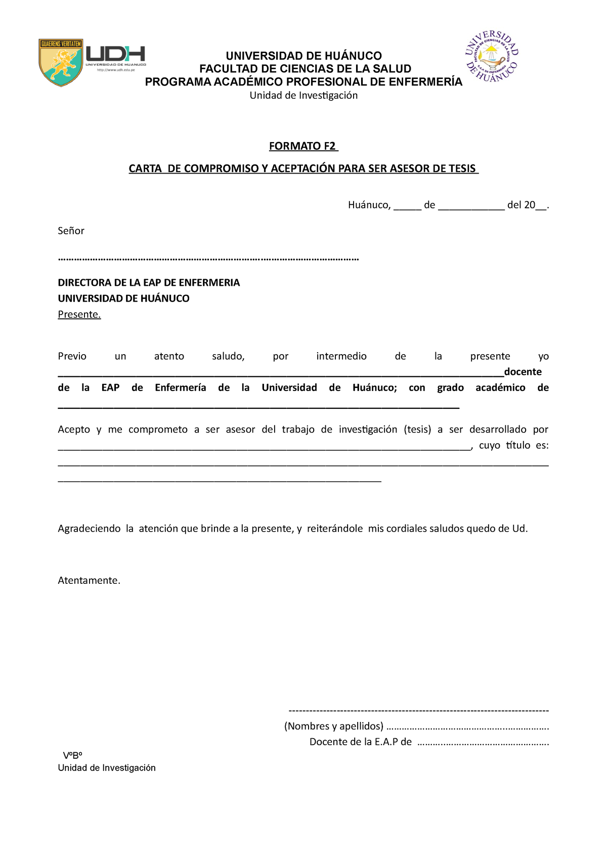 Carta De Aceptacion De Asesor Para El Plan De Tesis C