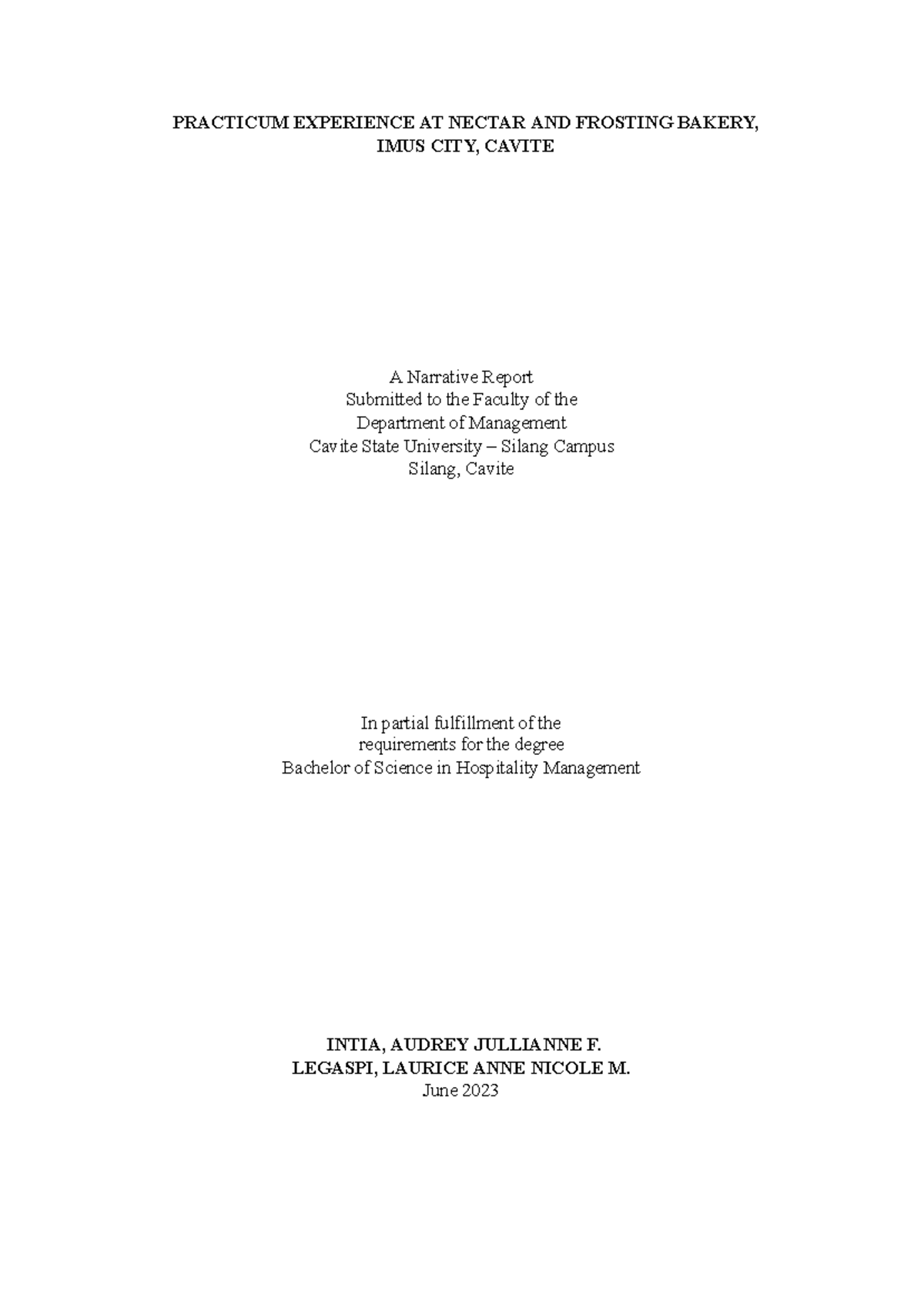 Narrative Nectar Hospitality Management Practicum PRACTICUM