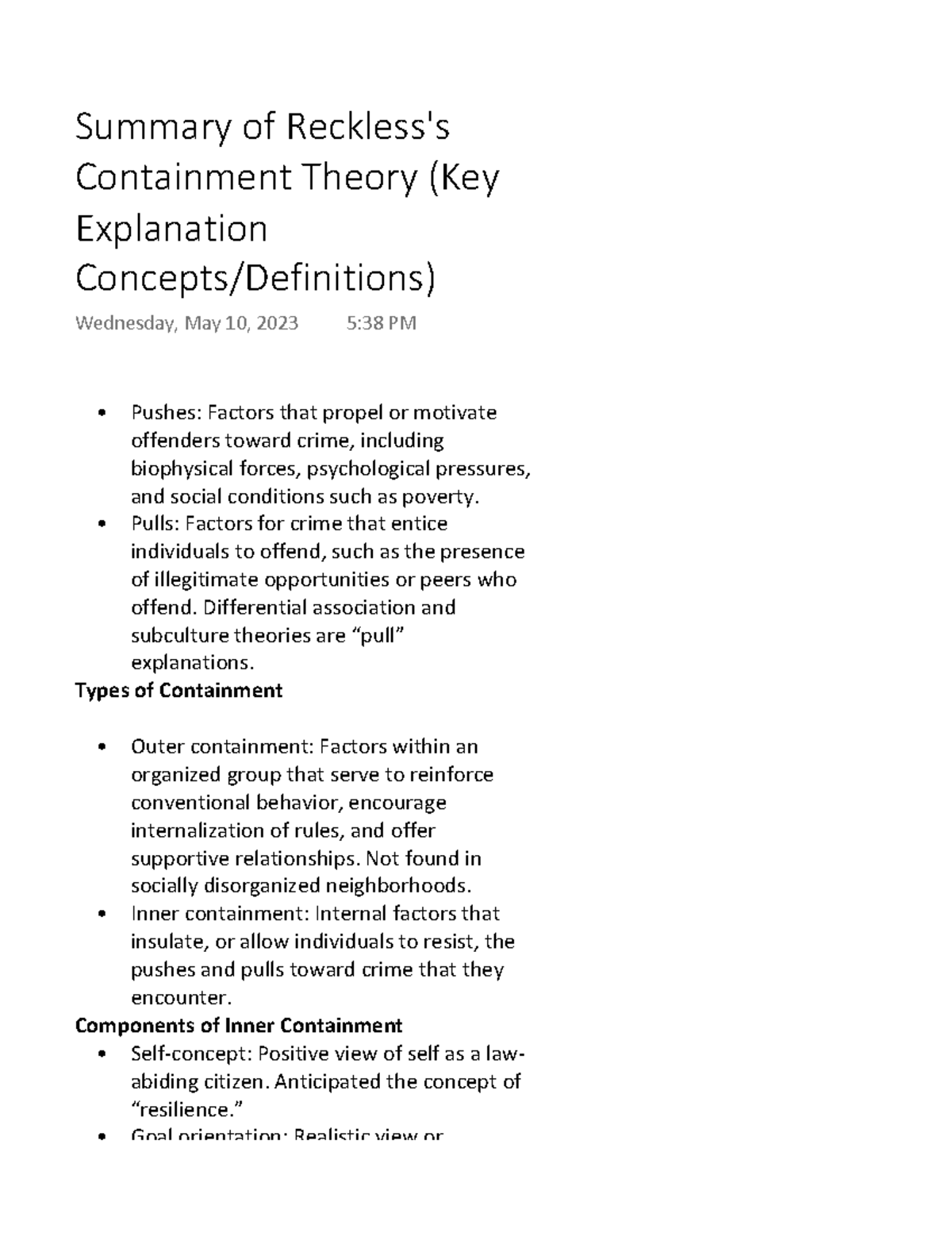 Summary Of Reckless s Containment Theory Key Explanation Concepts 