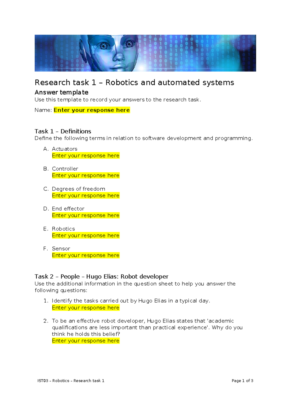 IST03 Research task 1 answer template - Research task 1 – Robotics and ...