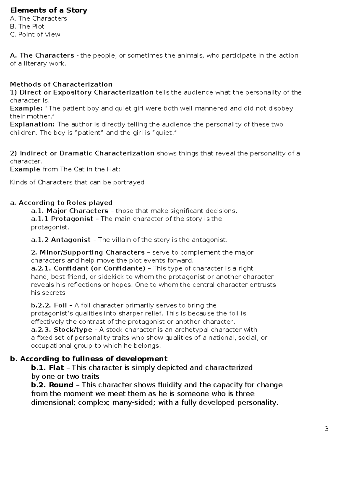 Reviewer-in- Literature - Elements of a Story A. The Characters B. The ...