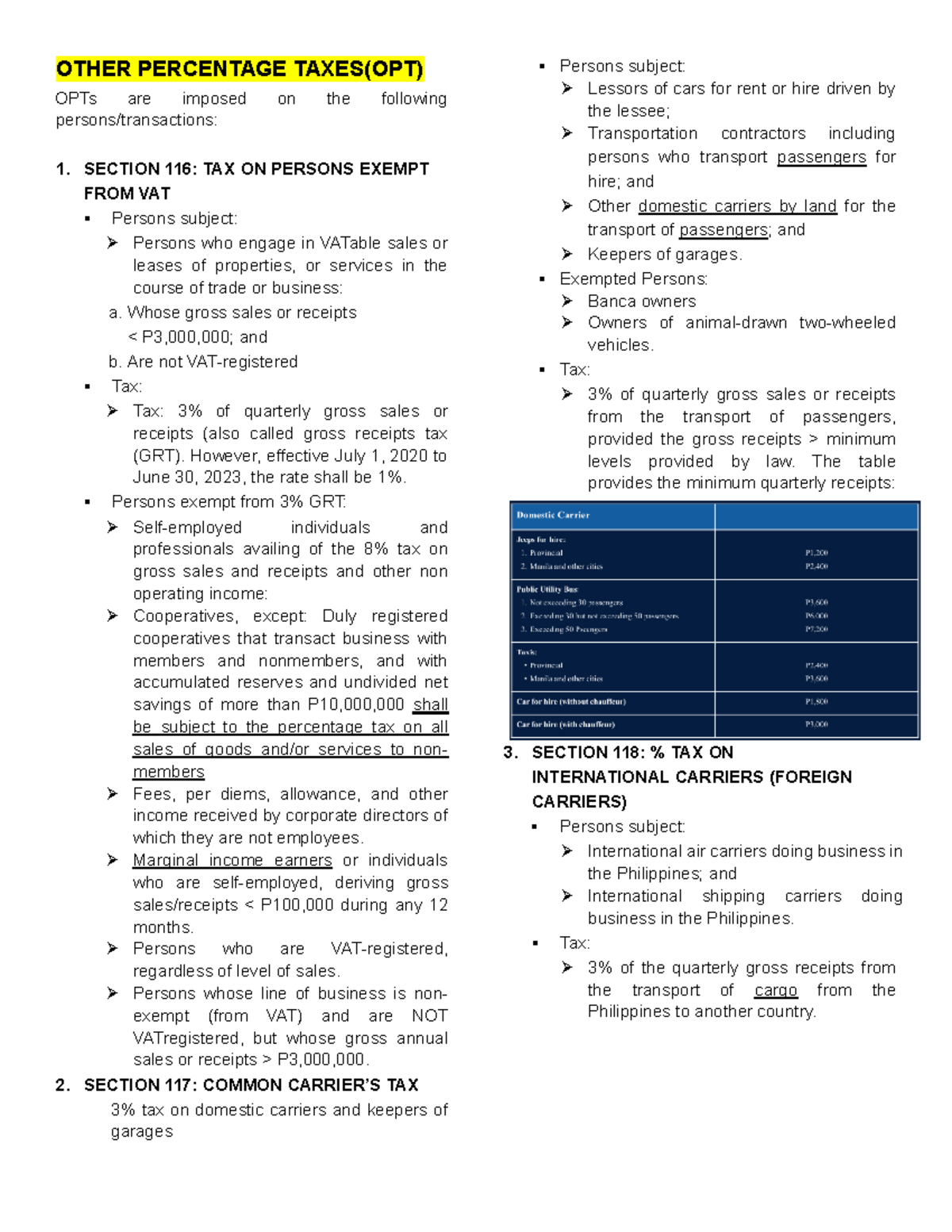 OPT - Notes on Other Percentage Taxes - OTHER PERCENTAGE TAXES(OPT ...