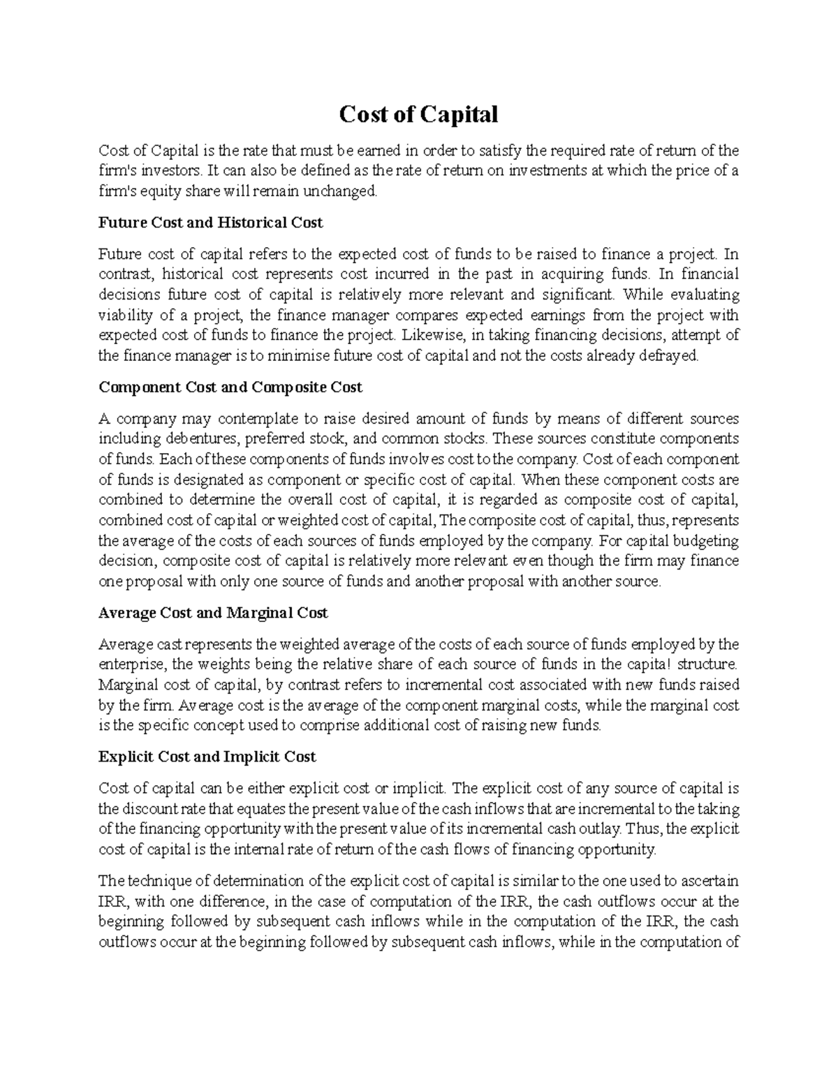 Cost of Capital Summary Management Cost of Capital Cost of Capital