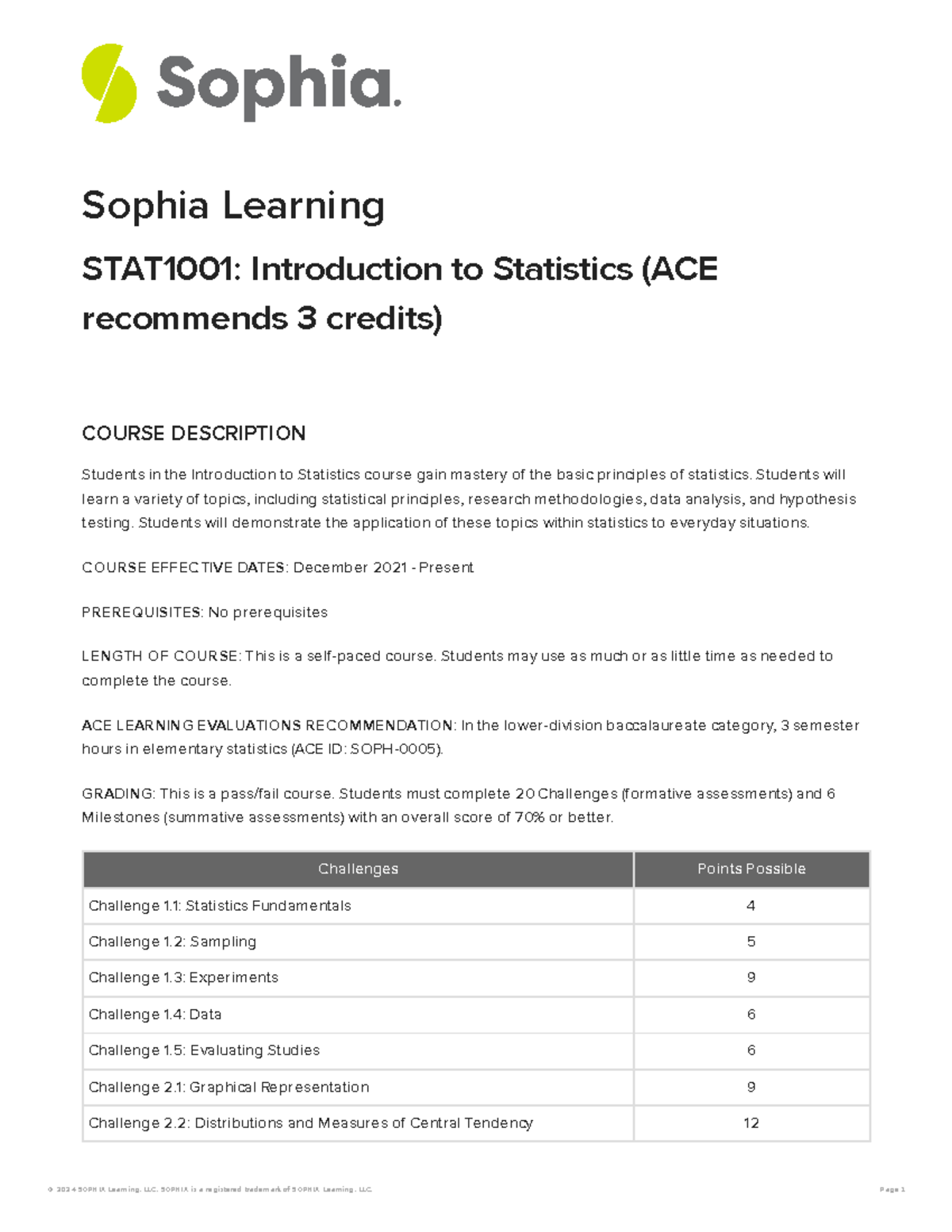 Sophia Introduction To Statistics Syllabus - Sophia Learning STAT1001 ...