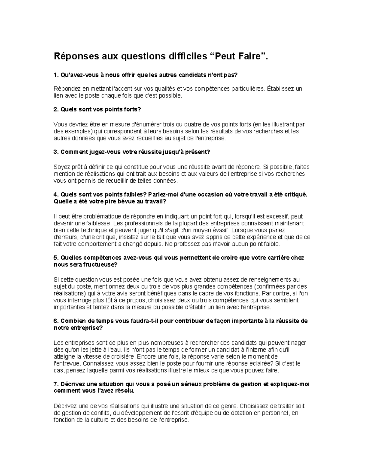 50 Questions Difficiles - Réponses aux questions difficiles “Peut Faire ...