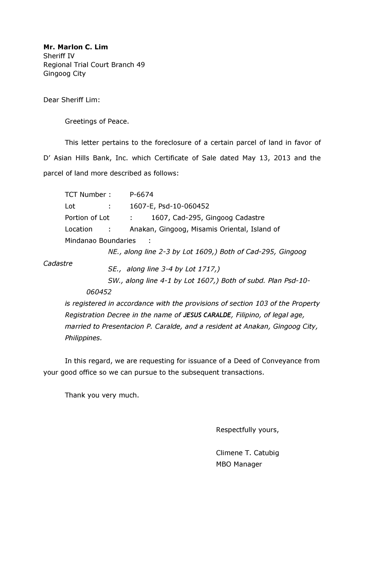 Request letter for conveyance - Mr. Marlon C. Lim Sheriff IV Regional ...