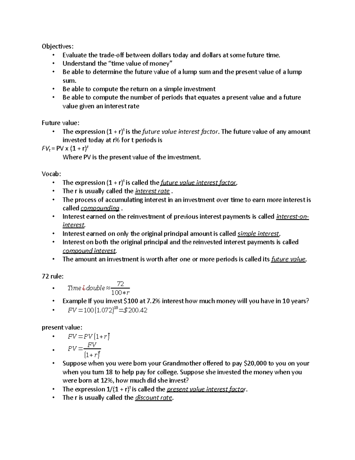 Time value of money Lecture notes 1 Objectives • Evaluate the